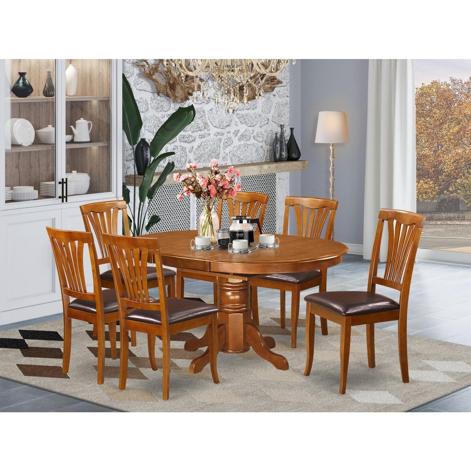 Saddle Brown Oval Wood Dining Table Set with 6 Faux Leather Chairs