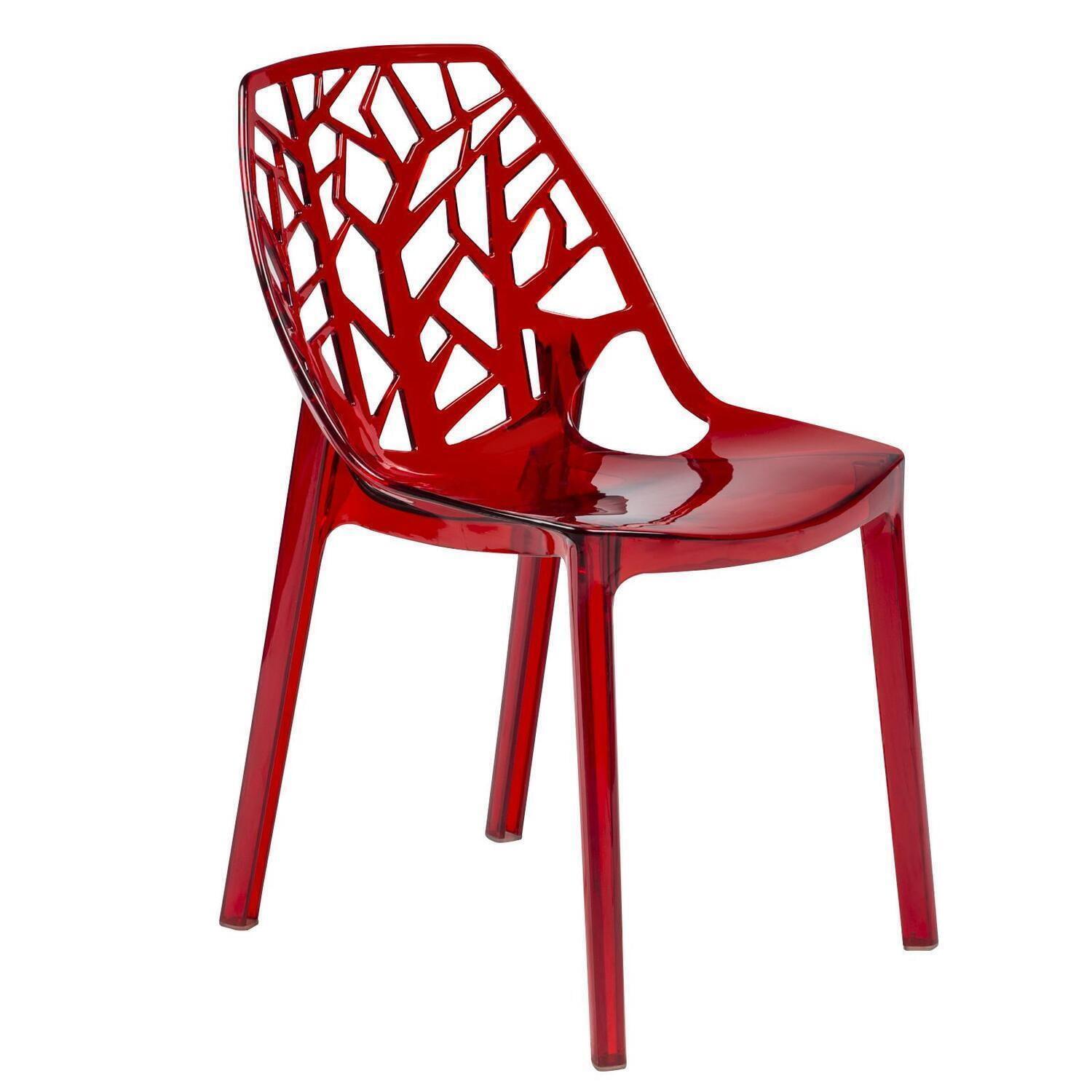 LeisureMod Cornelia Modern Plastic Dining Chair with Cut-Out Tree Design, Transparent Red