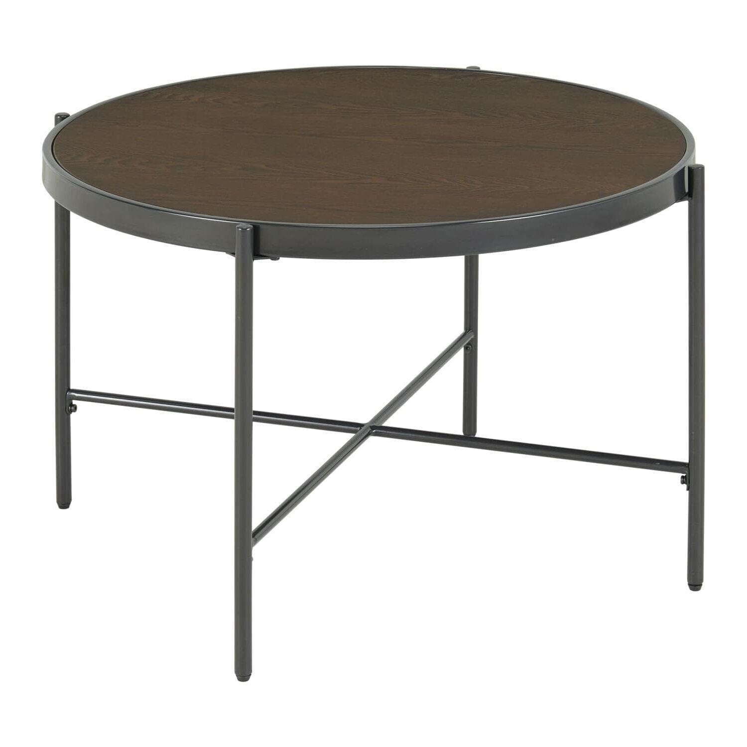 Transitional 31" Round Coffee Table with Wood Top in Brown/Black