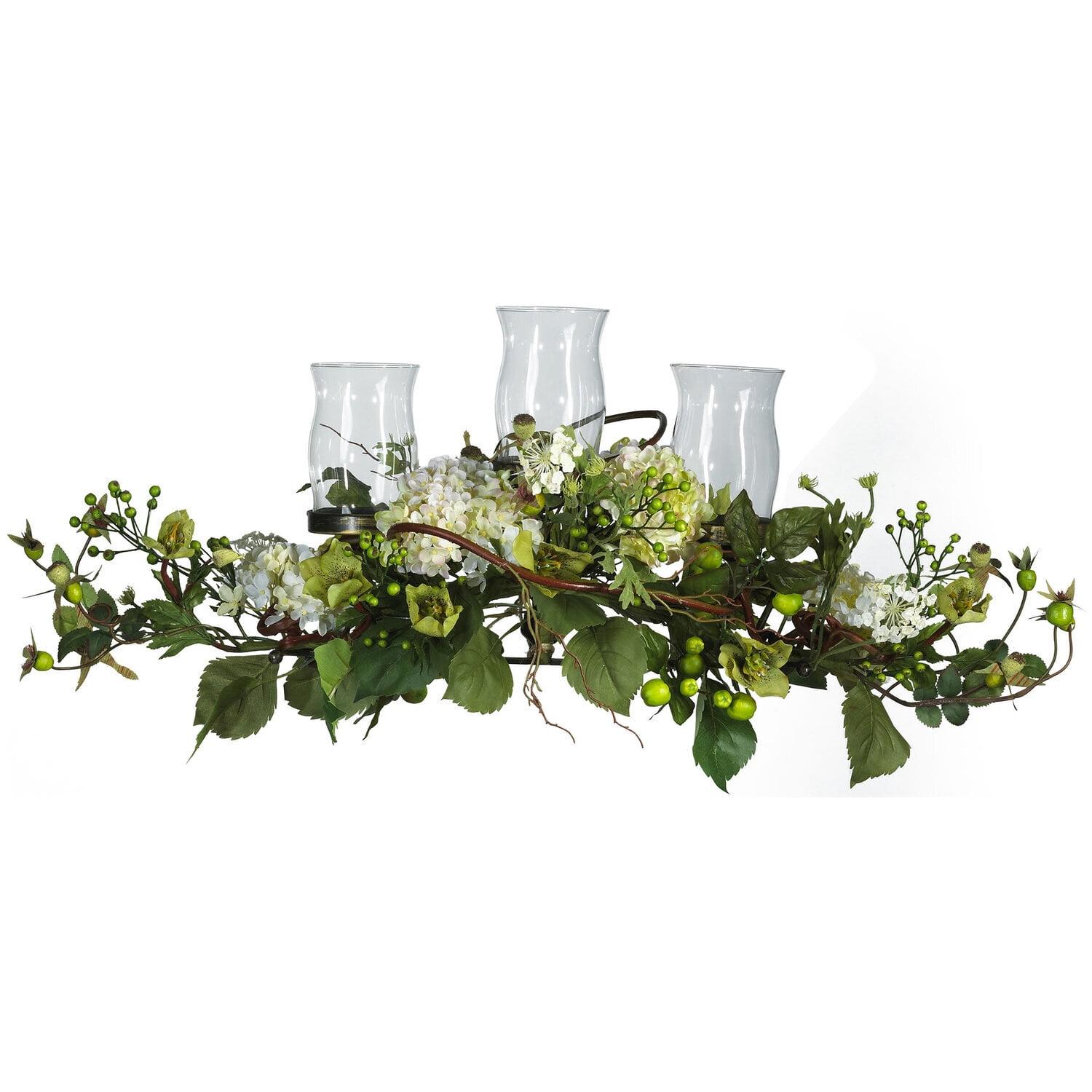 Cream Hydrangea Tabletop Centerpiece with Lights and Glass Candle Holders