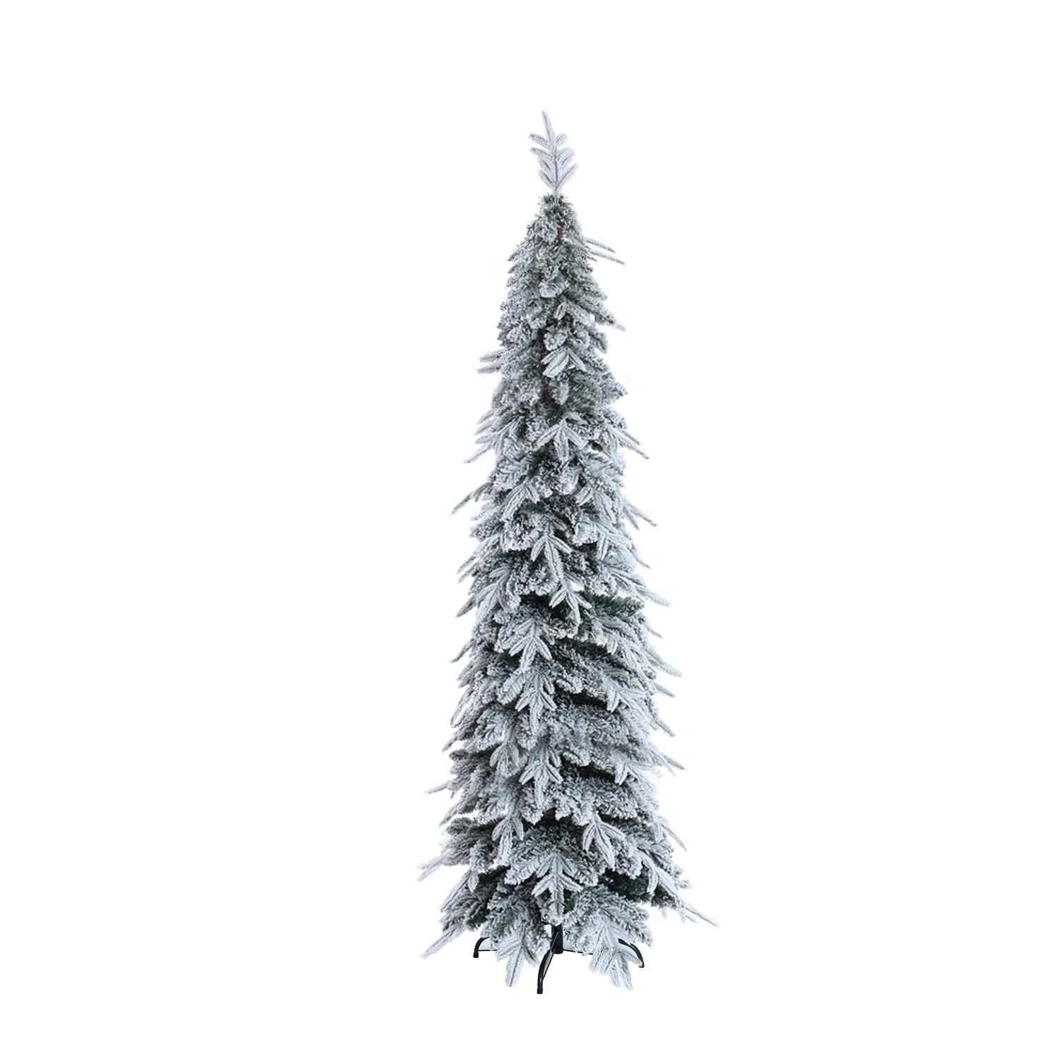 LuxenHome 6.9Ft Pencil Christmas Tree, Unlit Skinny Artificial Snow-Flocked Christmas Tree with X-Shape Metal Stand White