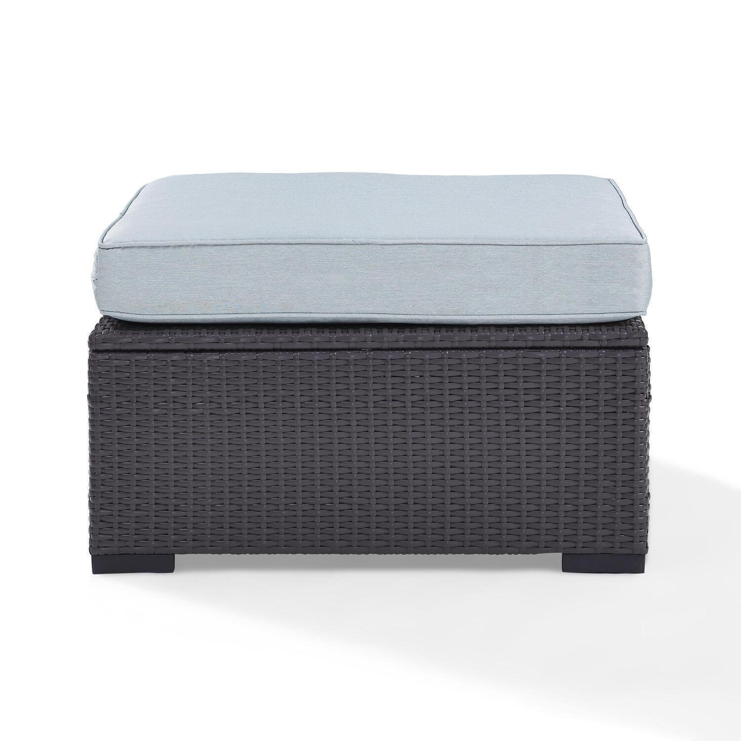 Biscayne Ottoman with Mist Cushions - Brown/Mist - Crosley: Wicker Patio Footrest, UV-Resistant, Polyurethane Foam Fill