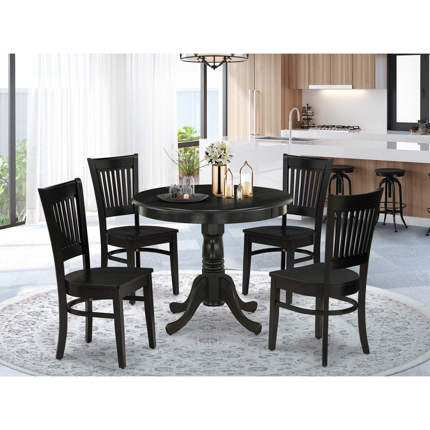 Elegant Black 5-Piece Round Dining Set with Slatted Wooden Chairs