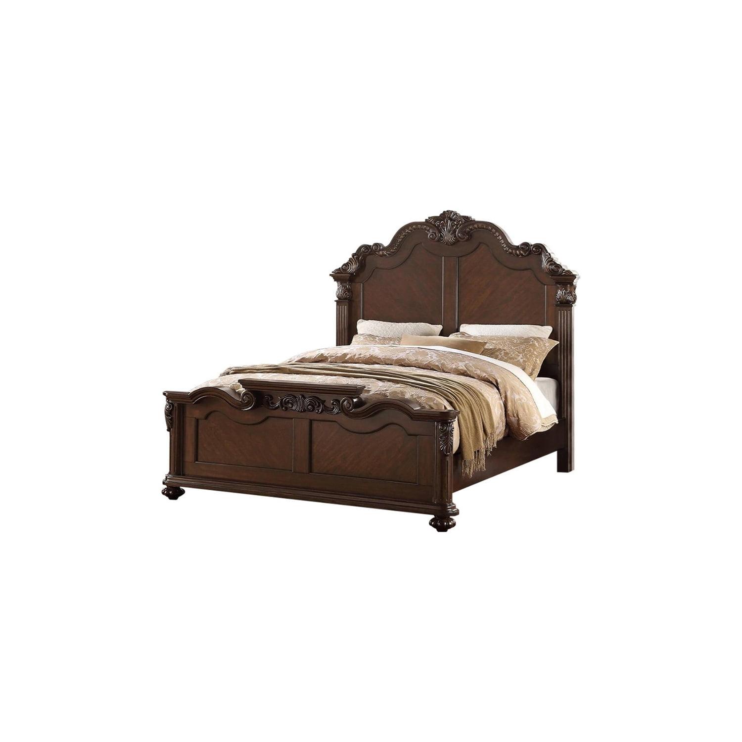 Splendidly Carved Queen Wooden Bed, Dark Walnut And Veneer Finish