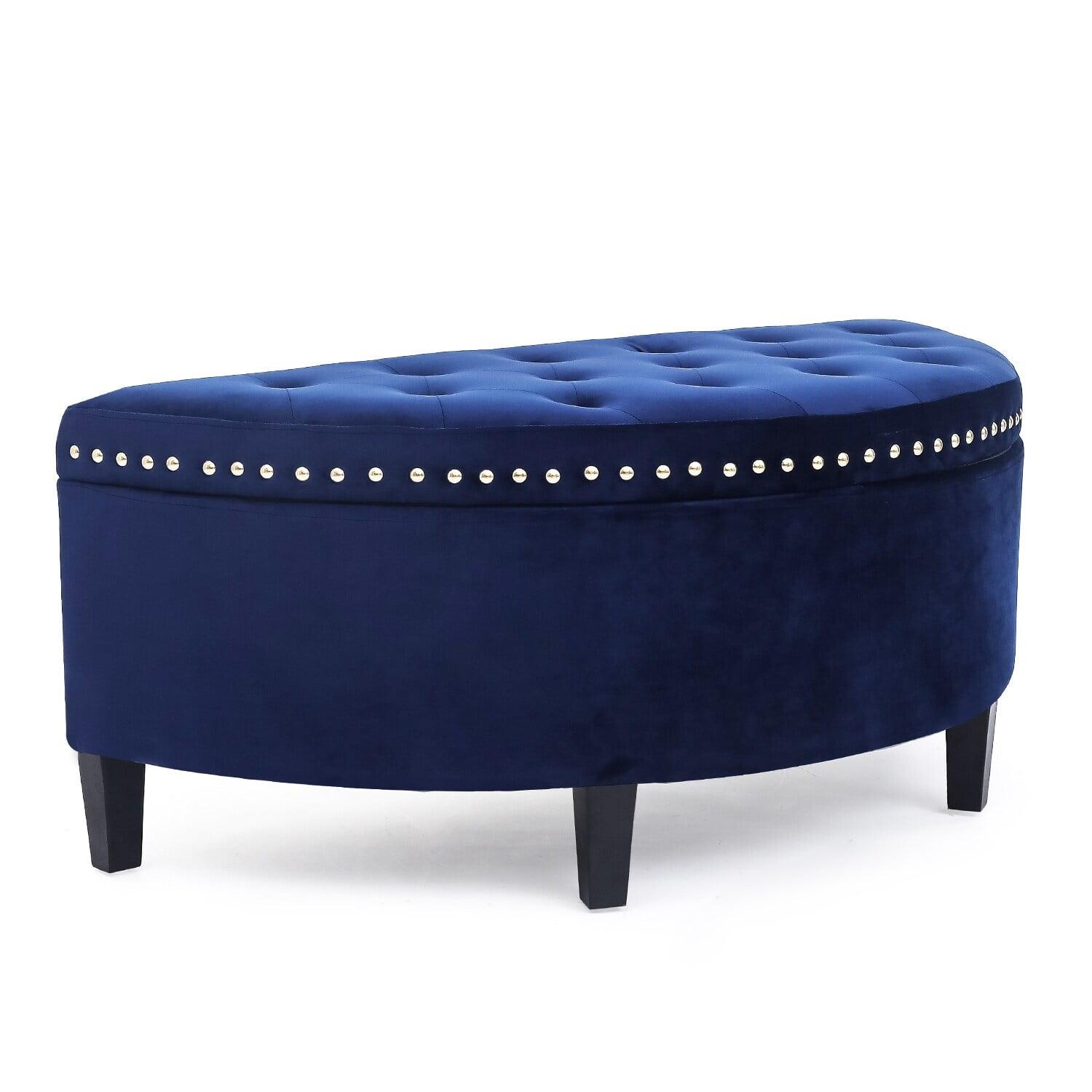 Navy Velvet Half Moon Tufted Cocktail Ottoman with Storage