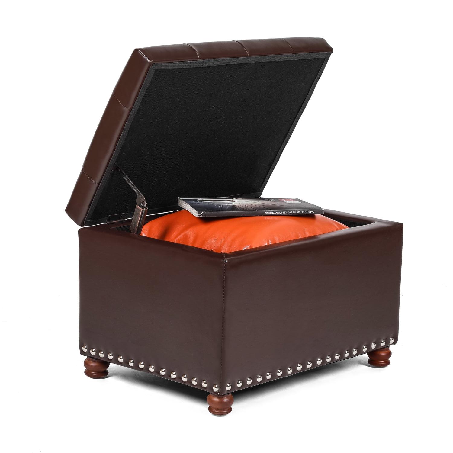 Dark Brown Leather Tufted Storage Ottoman with Studded Details