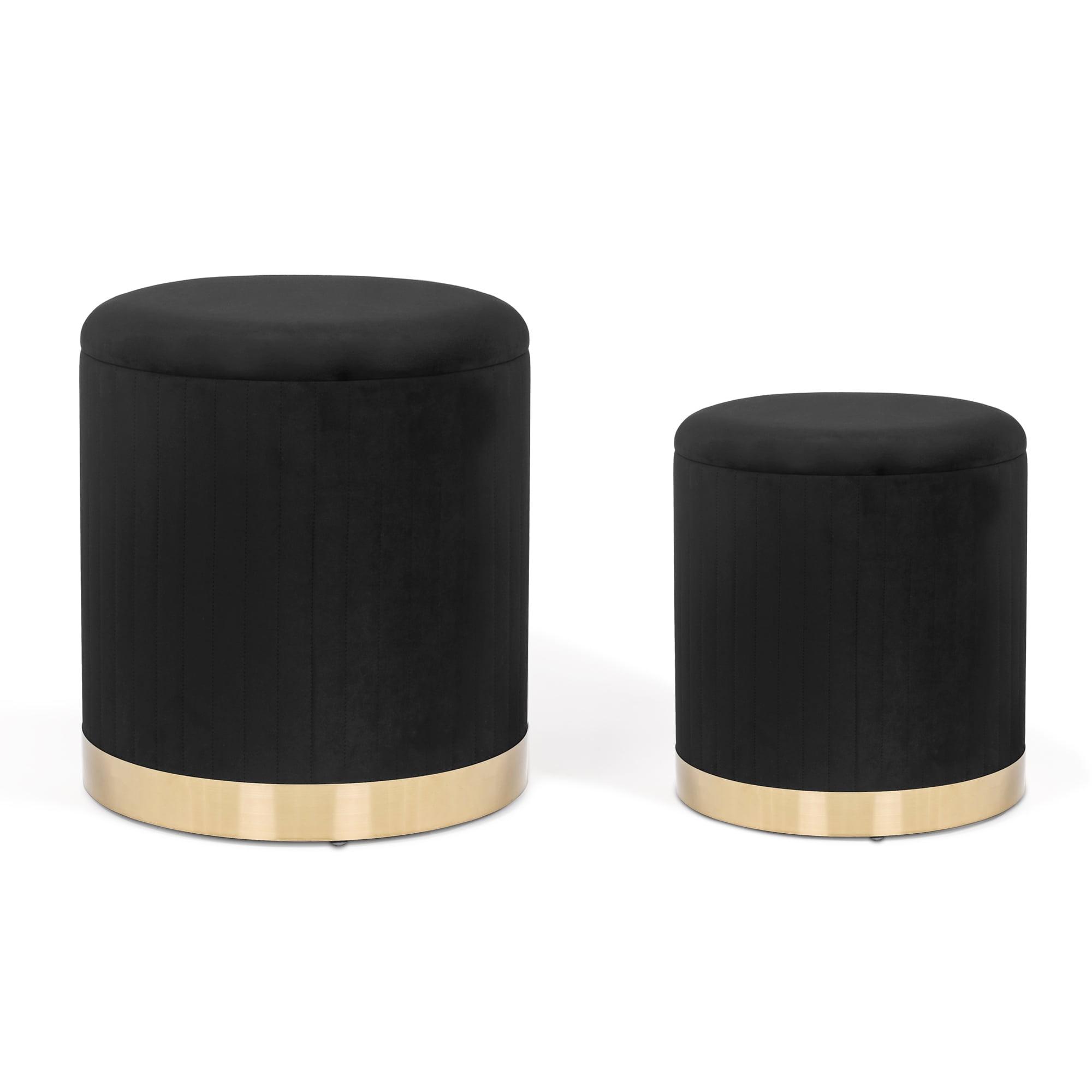 Black Velvet Round Storage Ottoman with Gold Base, Set of 2