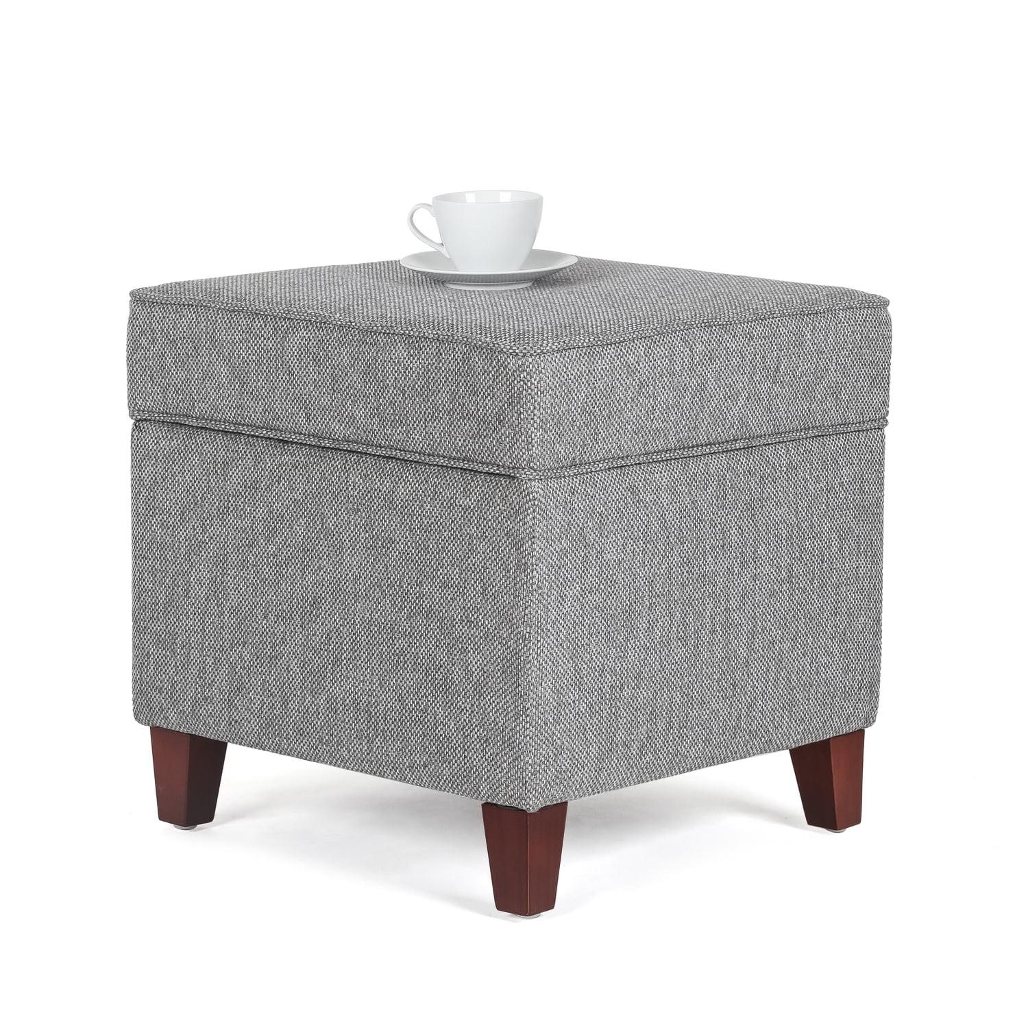 Gray Faux Linen Square Storage Ottoman with Wood Legs