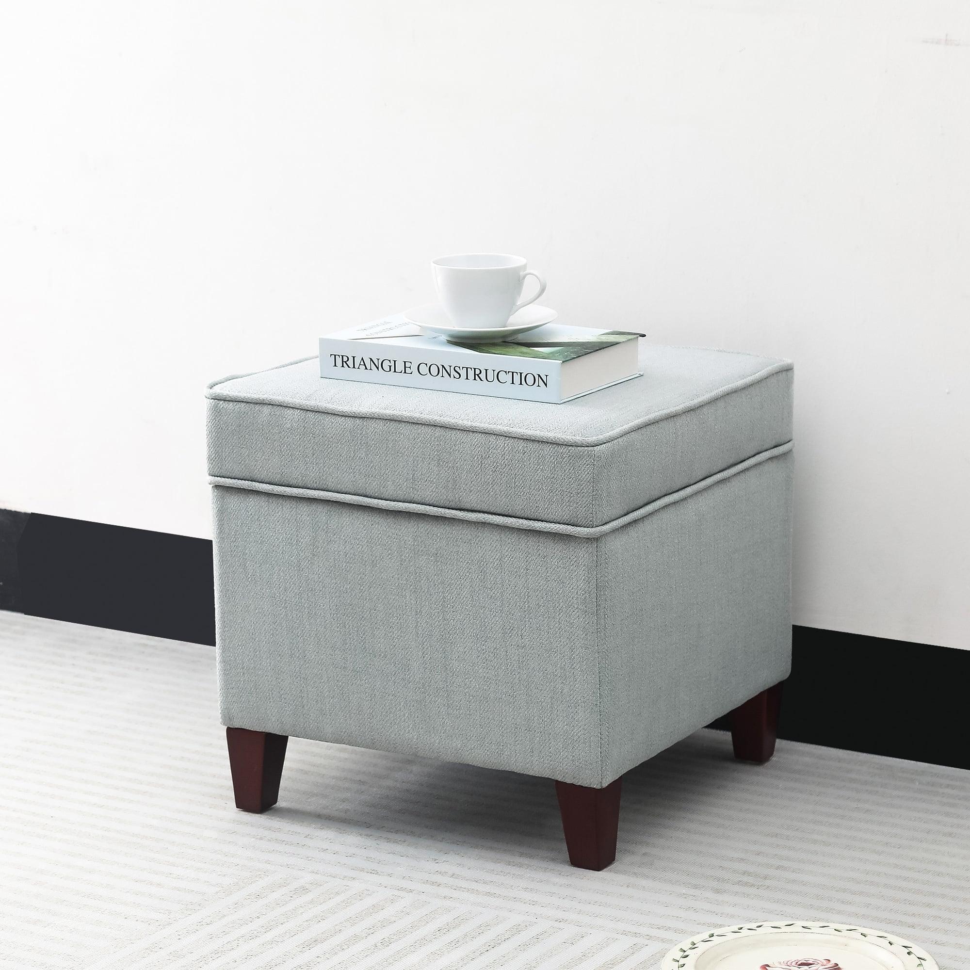 Grayish Blue Upholstered Linen Storage Ottoman with Wood Legs