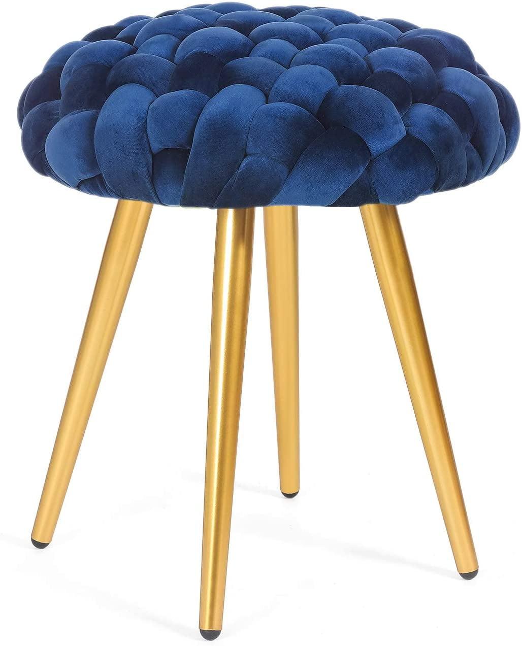 Blue Velvet Round Ottoman with Gold Metal Legs