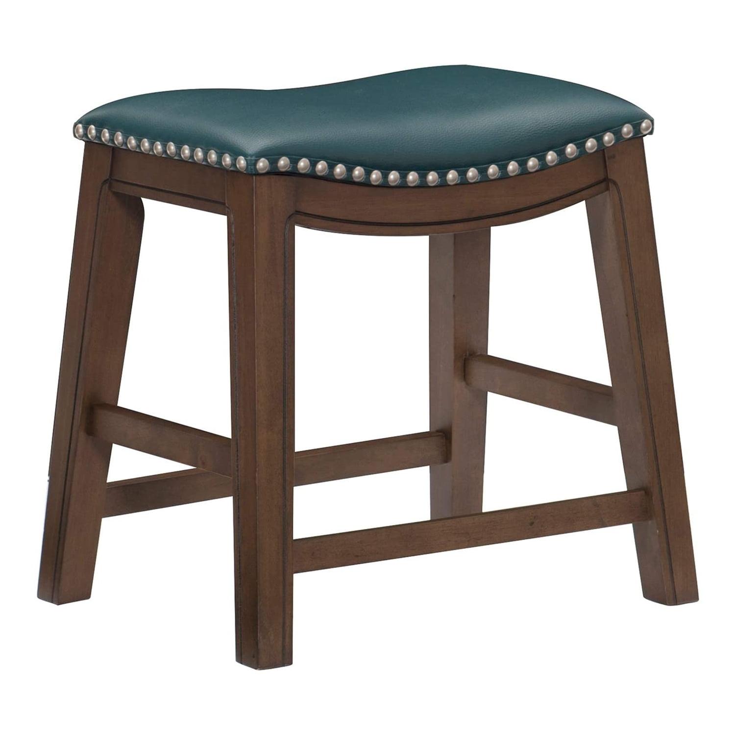 Green Backless Saddle Style Wood and Leather Counter Stool