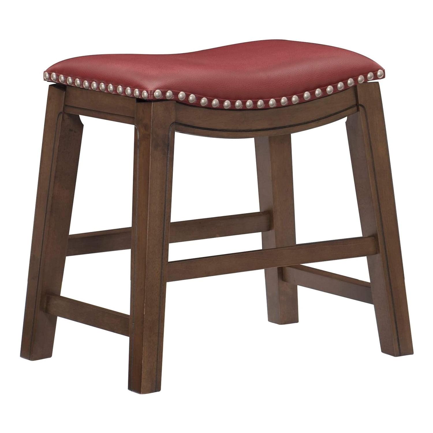 Contemporary Red Leather Saddle Counter Stool, 20" Backless Design