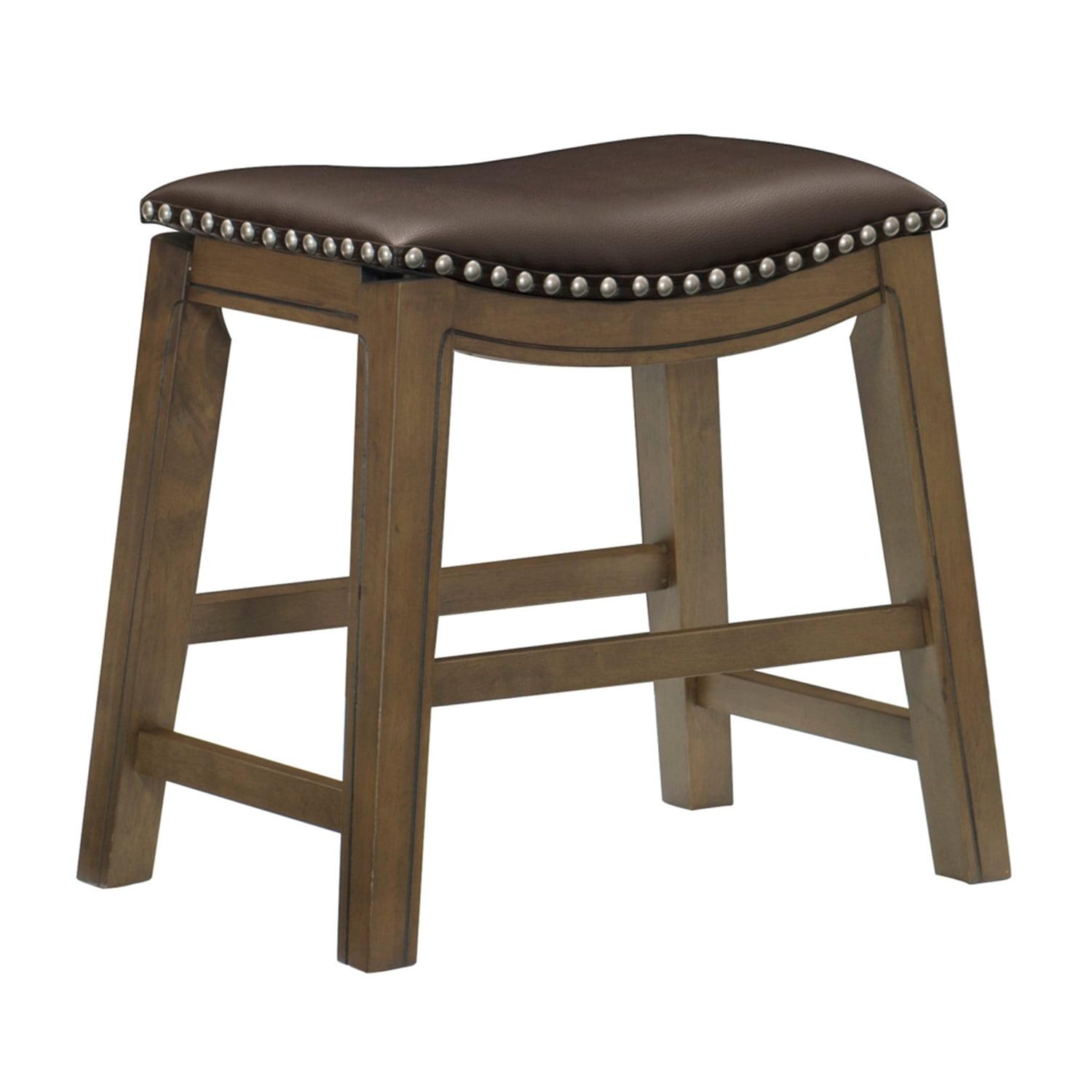 Contemporary Modern Saddle Style 20" Wood and Leather Counter Stool, Brown