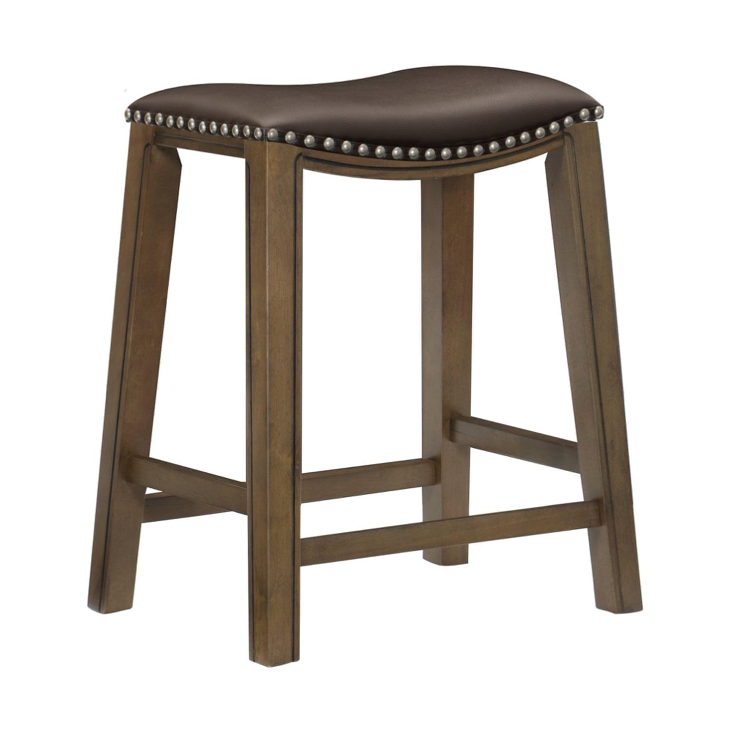 Brown Faux Leather Saddle Seat Counter Stool with Nailhead Trim