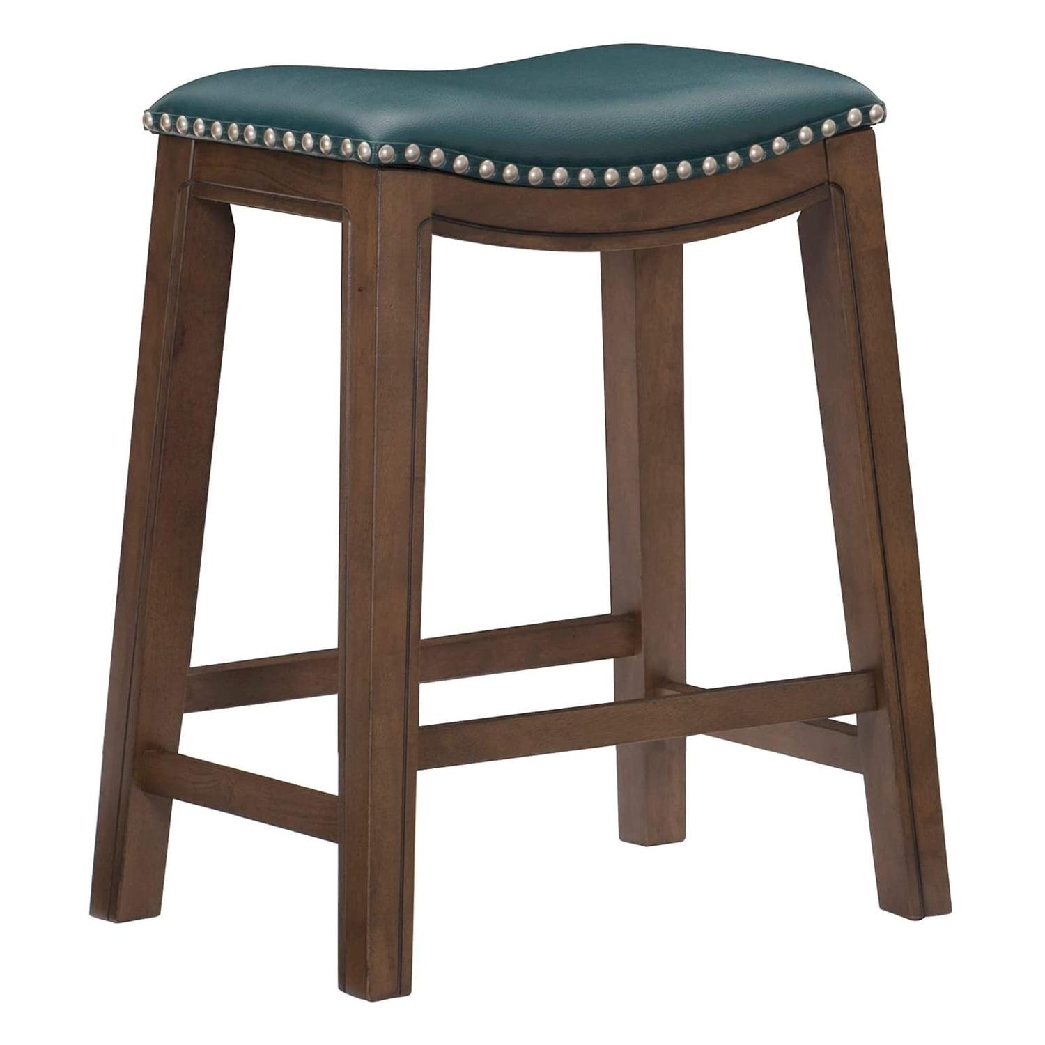 Contemporary Green Leather & Wood 26" Saddle Counter Stool