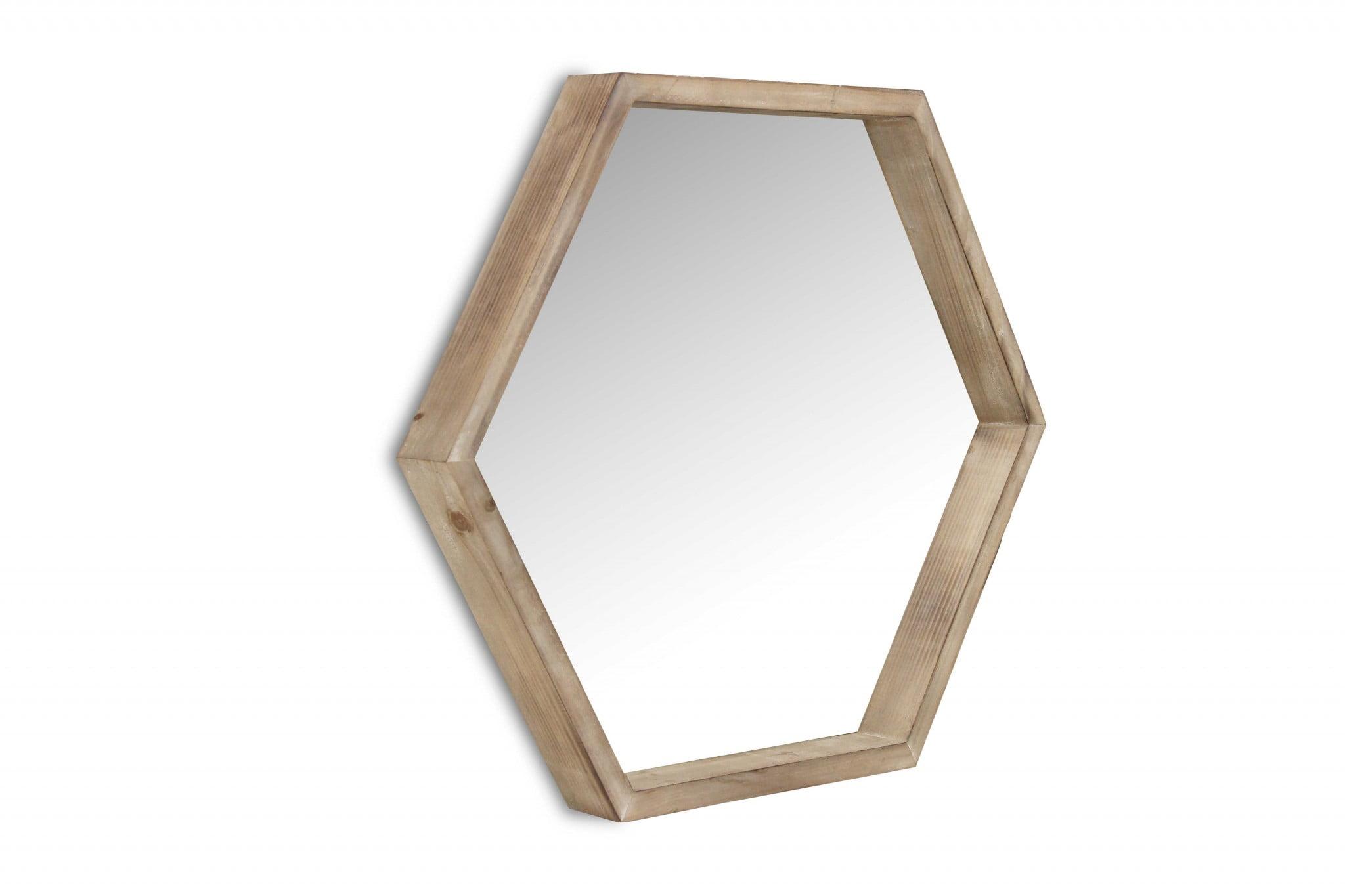 Modern Hexagonal Natural Wood Wall Mirror, 23.5" x 20.5"