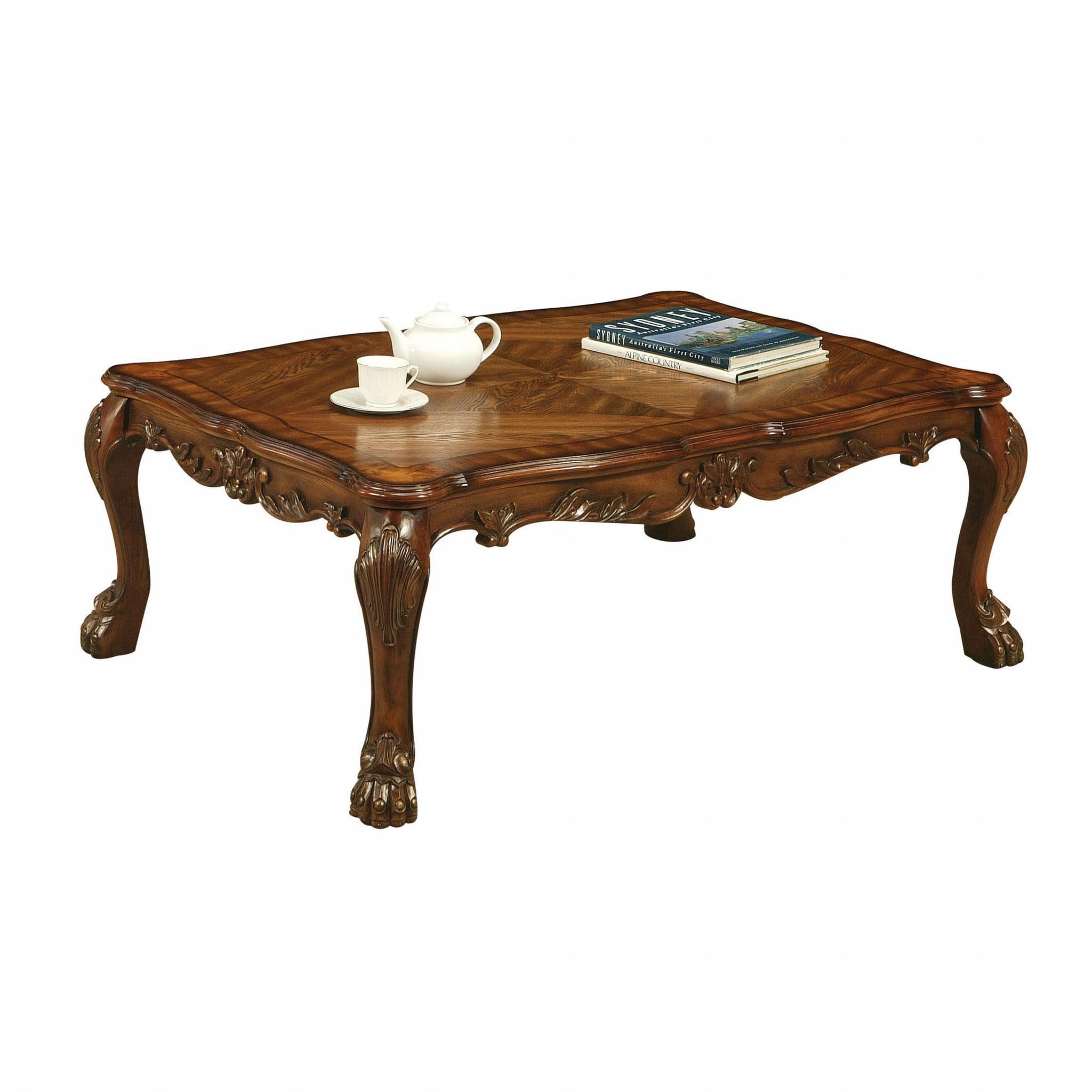 Cherry Oak Wood Rectangular Coffee Table with Mirrored Storage