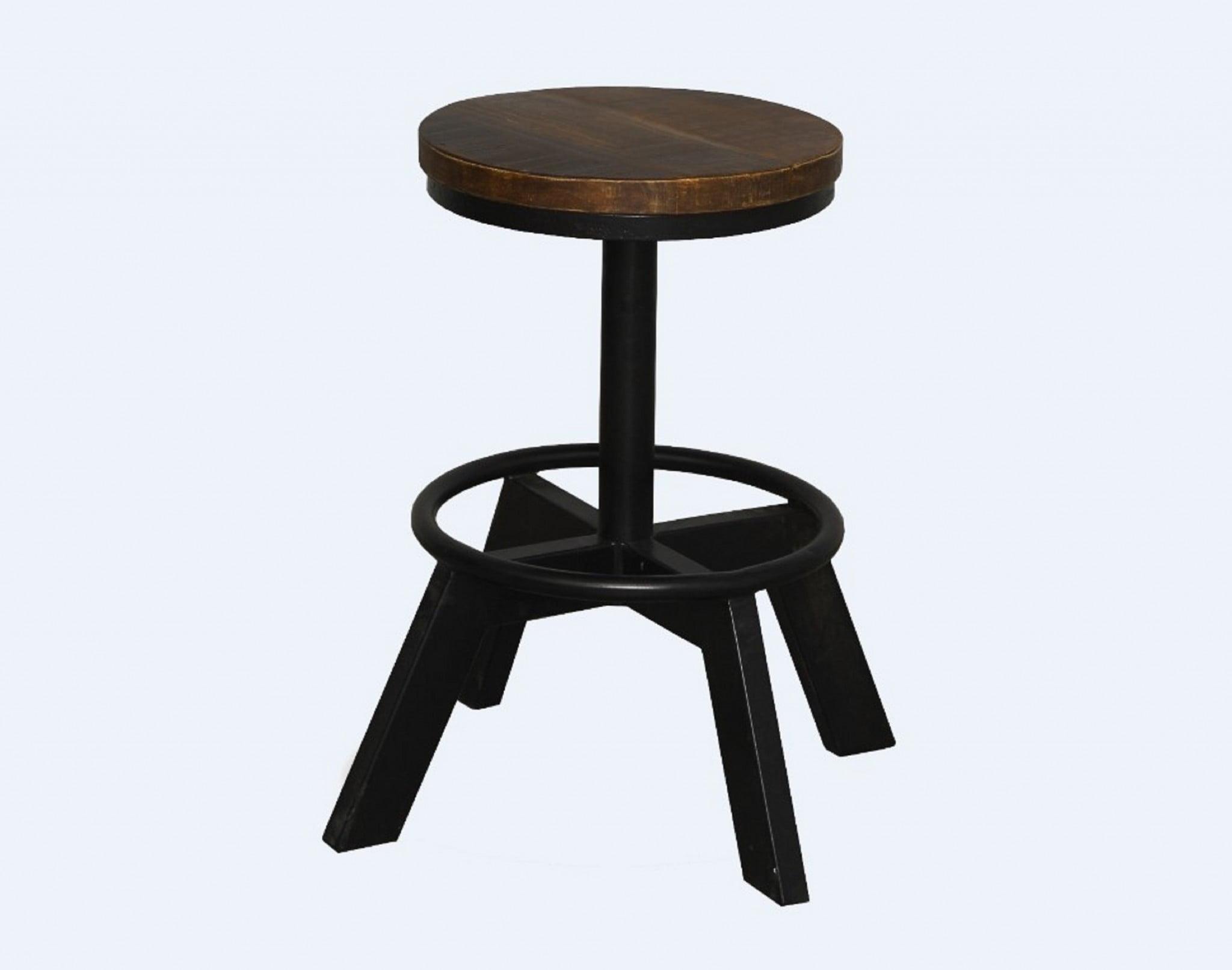 Industrial Chic Adjustable Black Iron & Dark Wood Backless Bar Stool