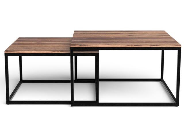 Modern Sheesham Wood Nesting Coffee Table Duo with Black Metal Legs