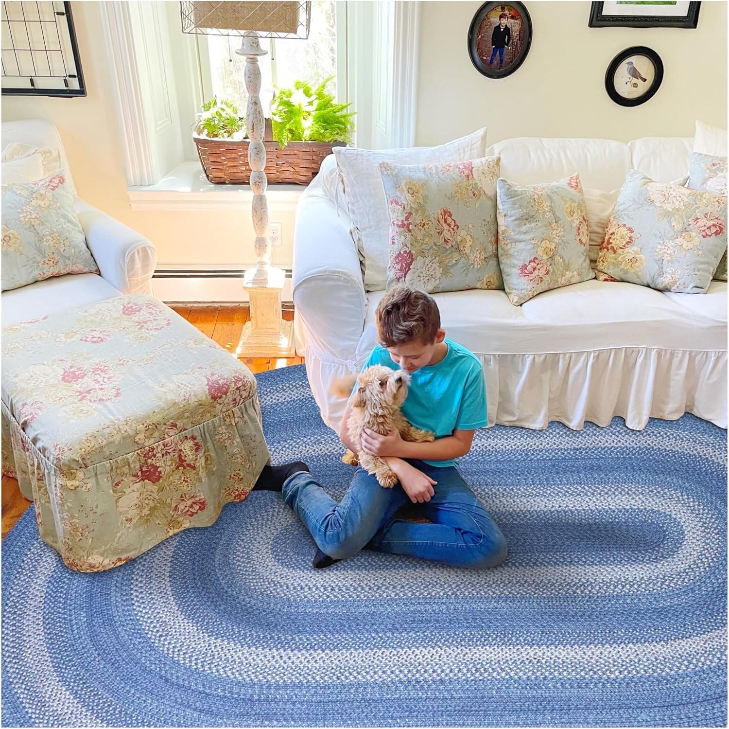 Damell Braided Non-Shedding Reversible Jute Blue Rug