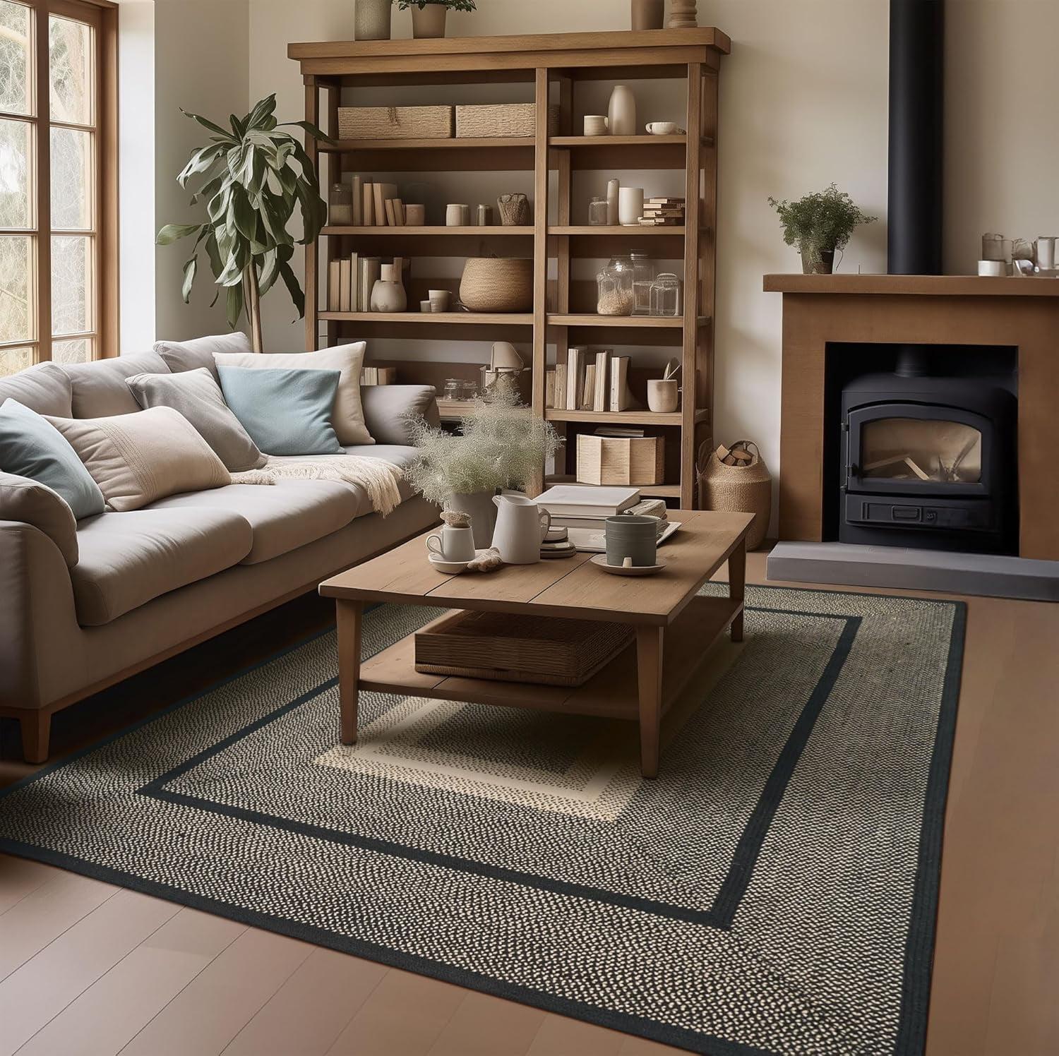 Homespice Manchester Primitive Rugs for Living Room 8x10' Black and Tan Primitive Living Room Décor