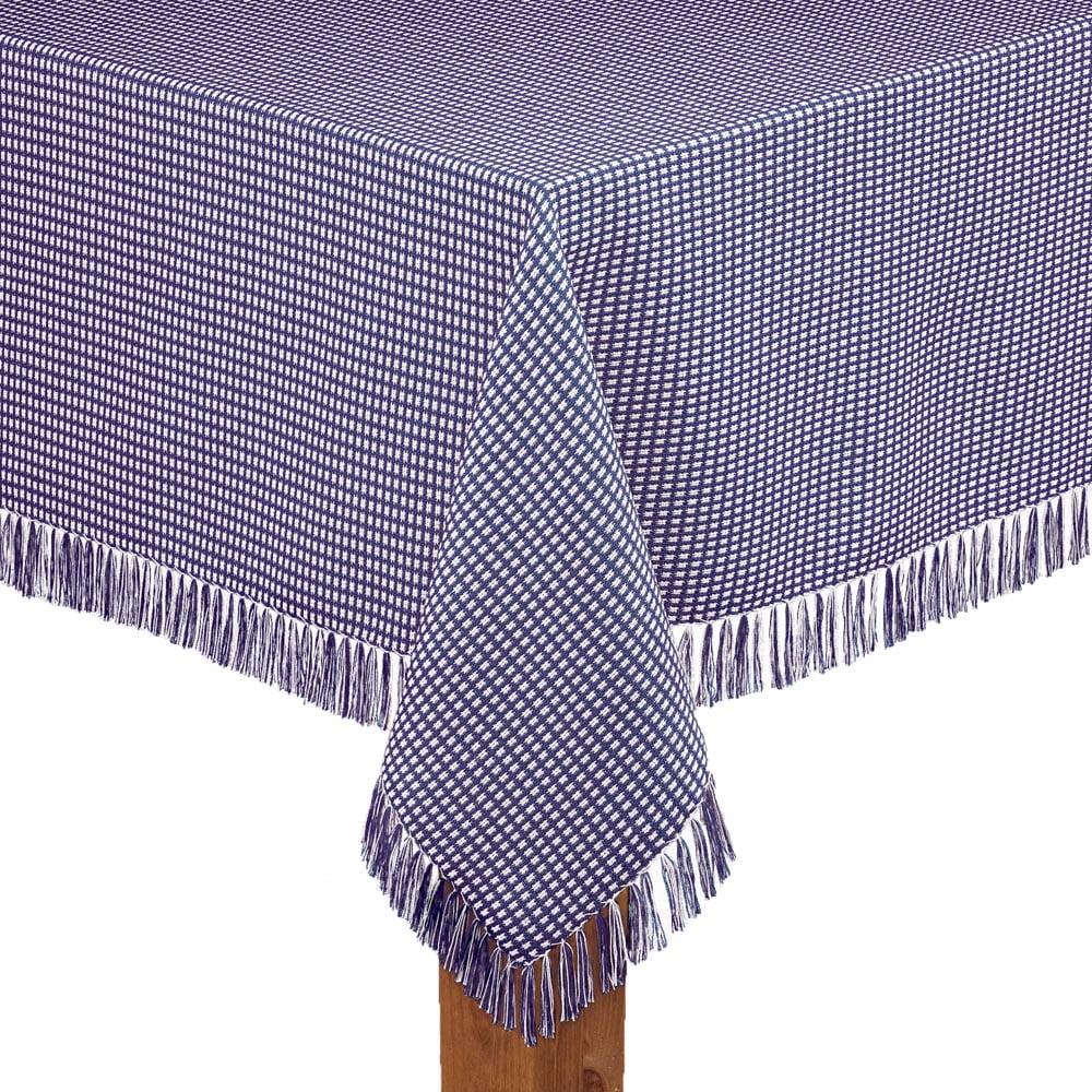 Marine Blue and White Cotton Checkered Fringed Tablecloth 60" x 120"