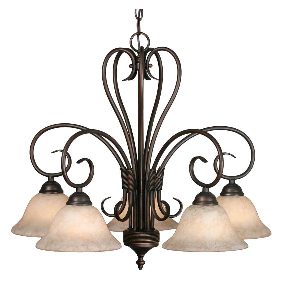 Homestead Transitional 5-Light Chandelier in Rubbed Bronze with Tea Stone Glass