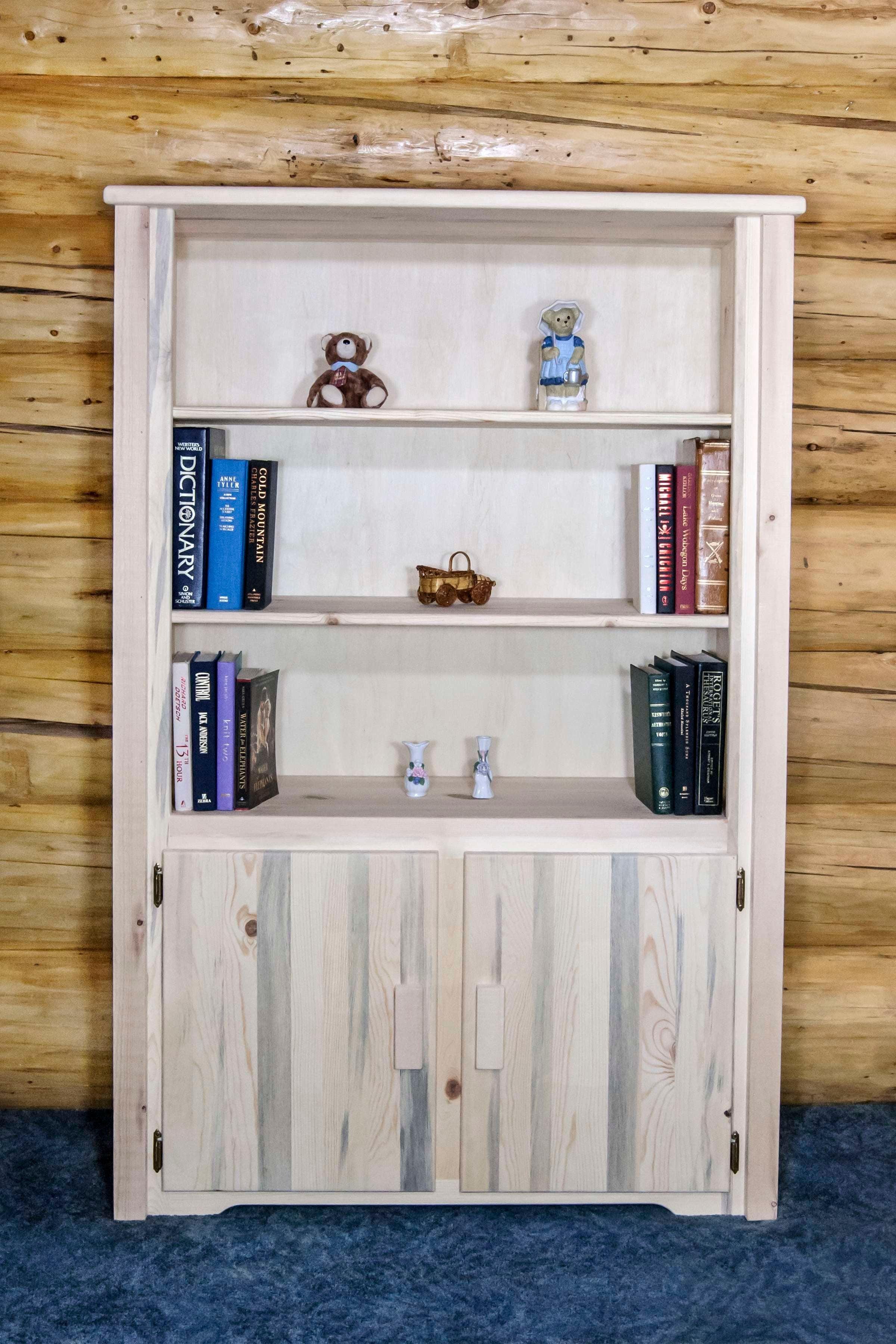 Rustic Pine Wood Bookcase with Storage Doors, Clear Lacquer Finish