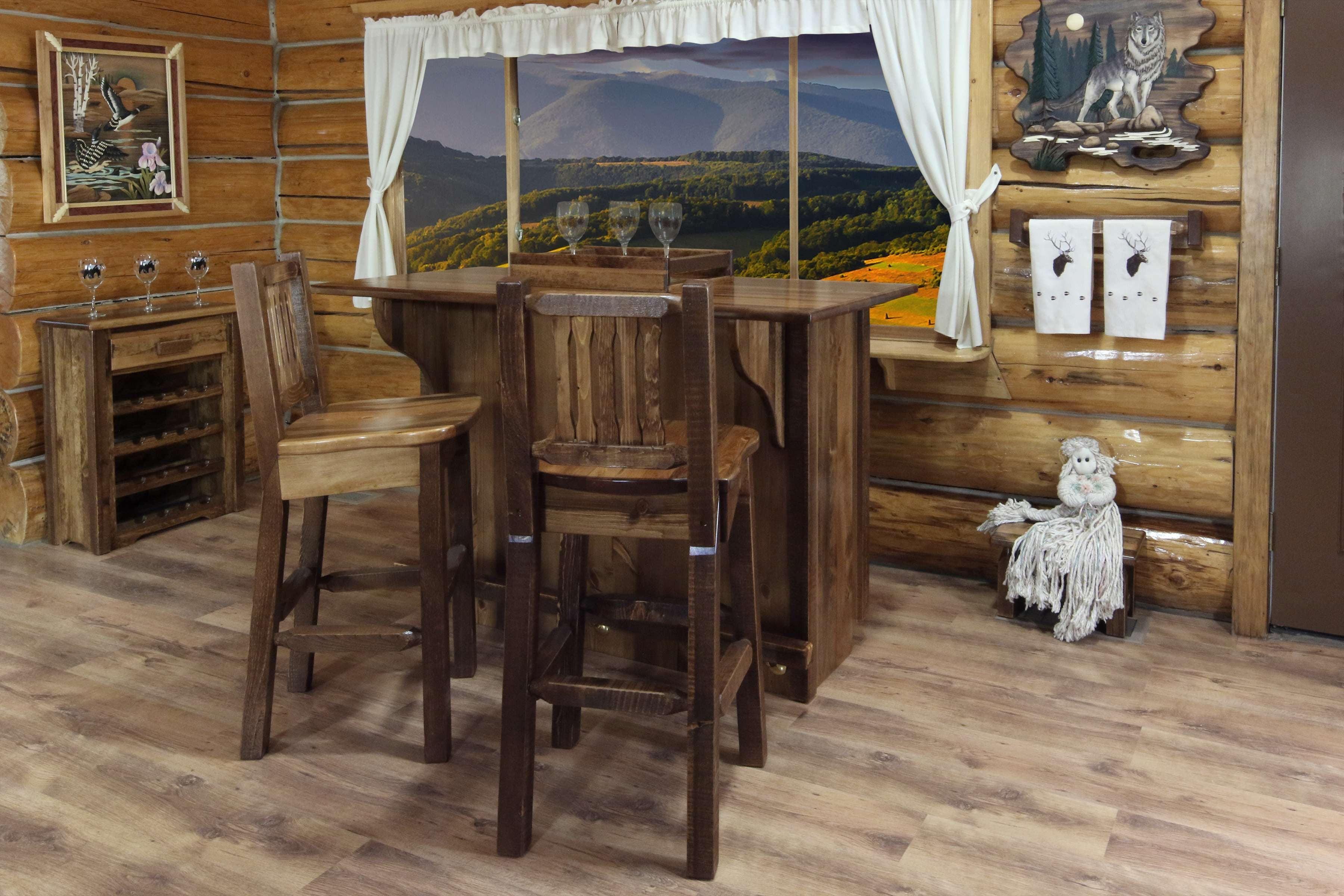 Rustic Early American Wood Bar with Foot Rail