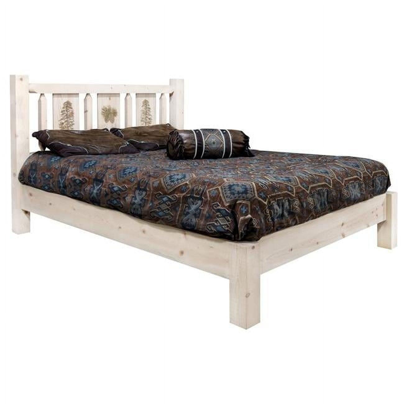 Homestead Collection Full Size Platform Bed with Laser Engraved Pine Tree Design, Ready to Finish