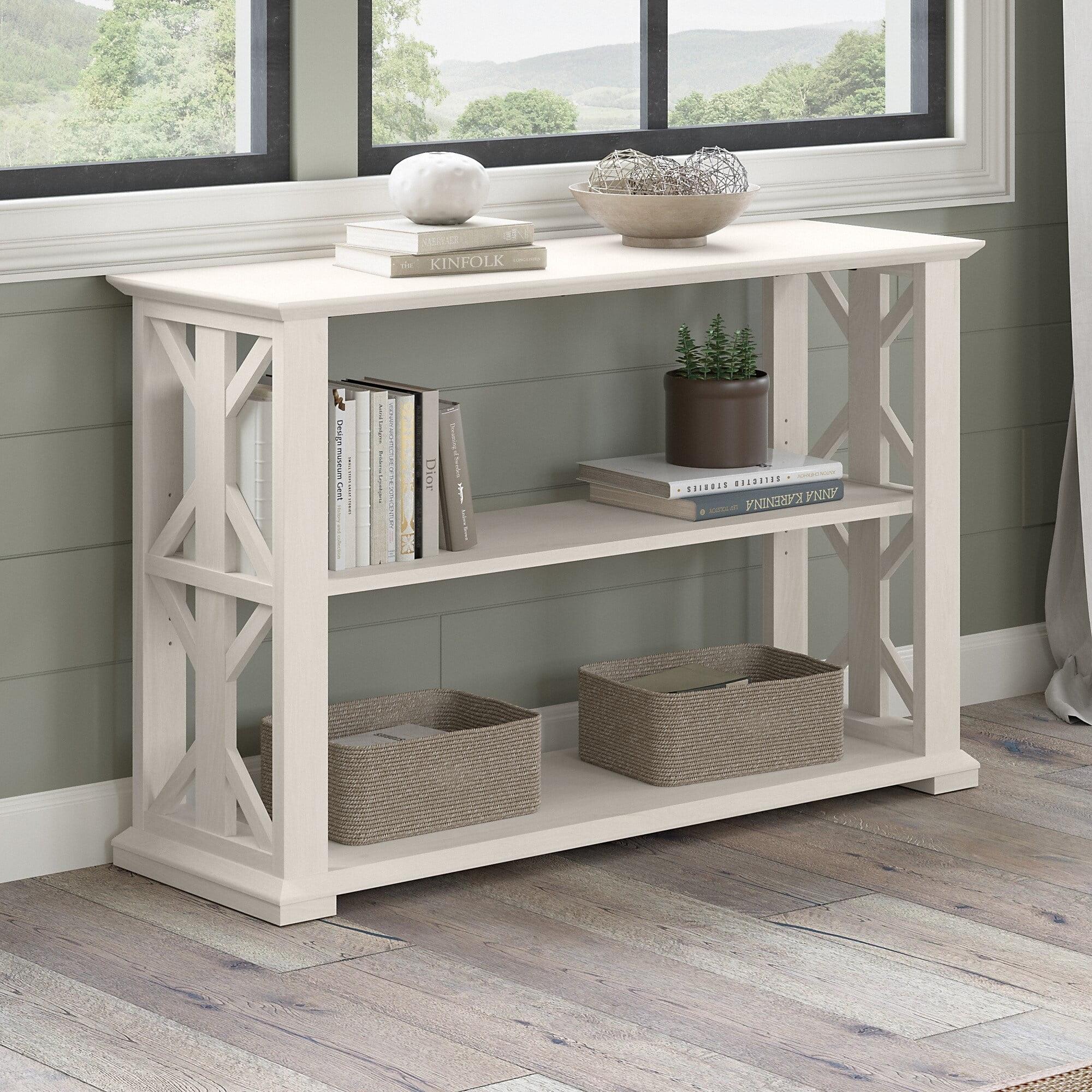 Chamfered Edge Linen White Oak Console Table with Shelves