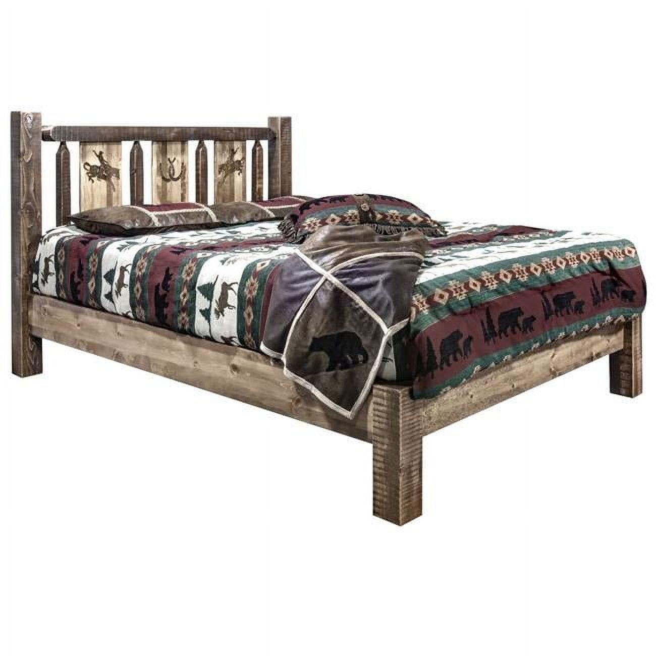 Rustic Full Pine Platform Bed with Laser Engraved Bronc Headboard