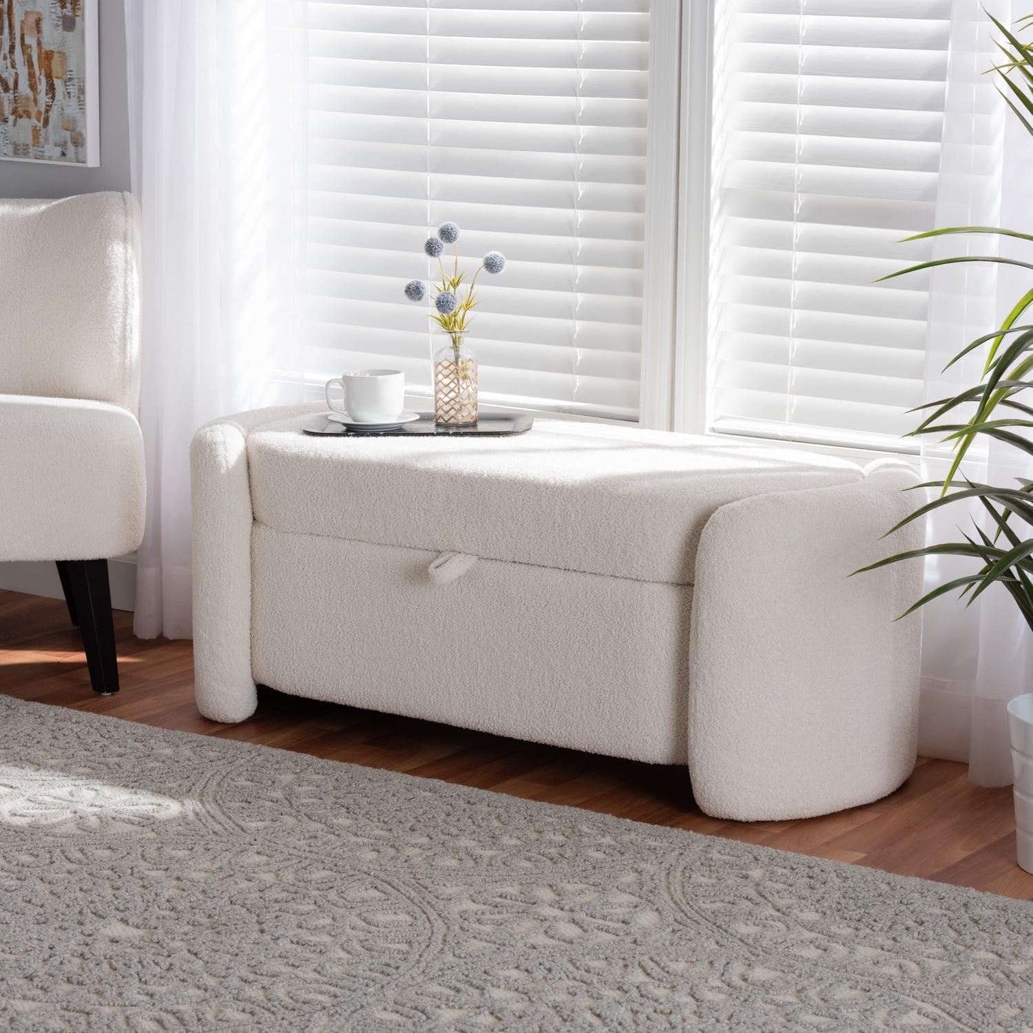 Ivory Boucle Upholstered Oval Storage Bench with Lift Top