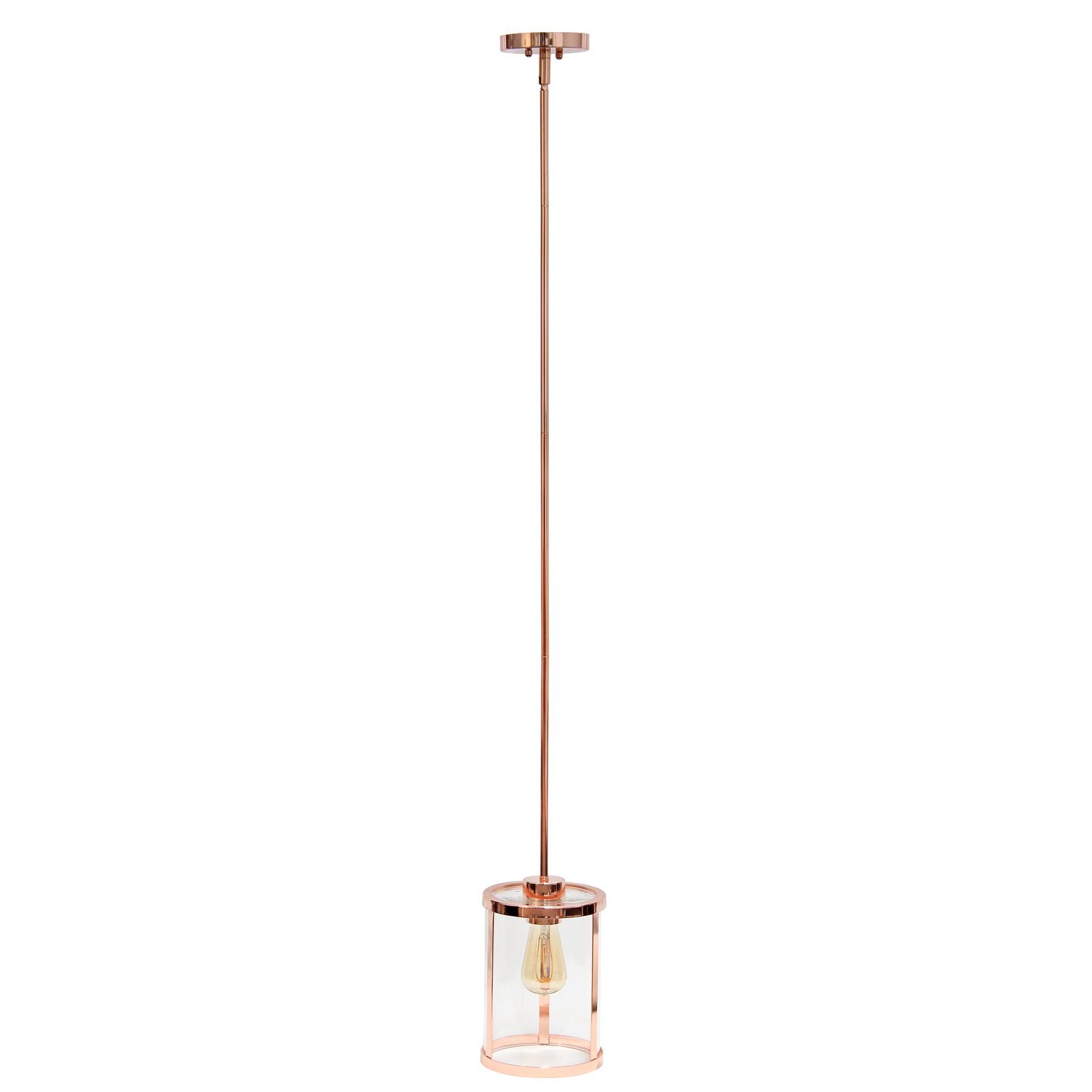1-Light 9.25" Modern Farmhouse Adjustable Hanging Cylindrical Clear Glass Pendant Fixture with Metal Accent Rose Gold - Lalia Home