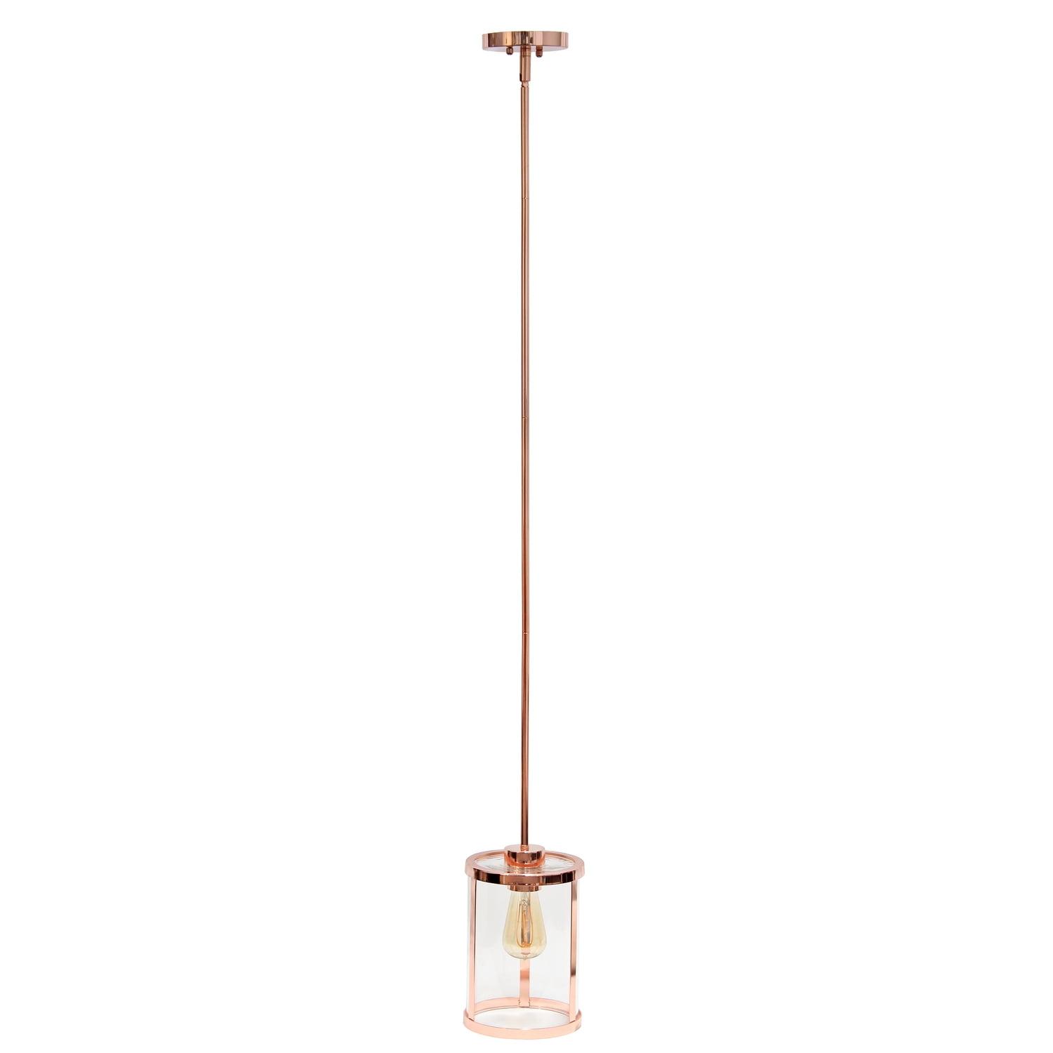 1-Light 9.25" Modern Farmhouse Adjustable Hanging Cylindrical Clear Glass Pendant Fixture with Metal Accent Rose Gold - Lalia Home