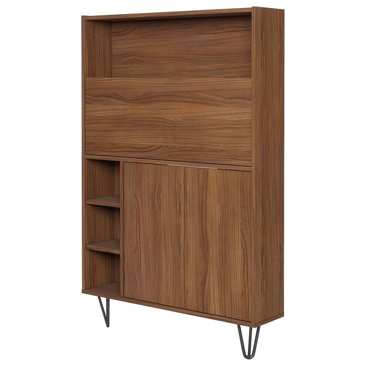 Slim Walnut Secretary Desk with Black Hairpin Legs and Filing Cabinet