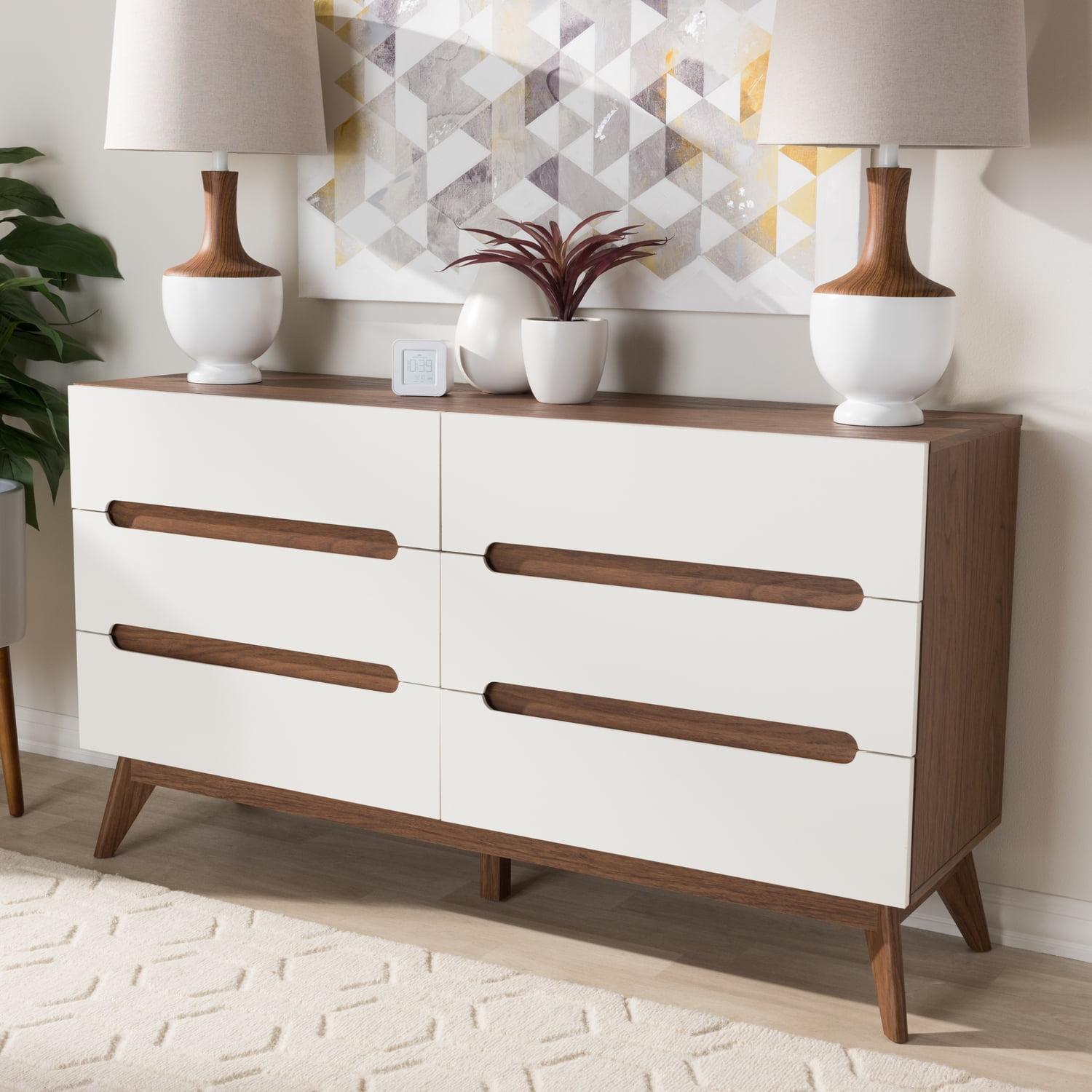 Mid-Century White and Walnut 6-Drawer Double Dresser