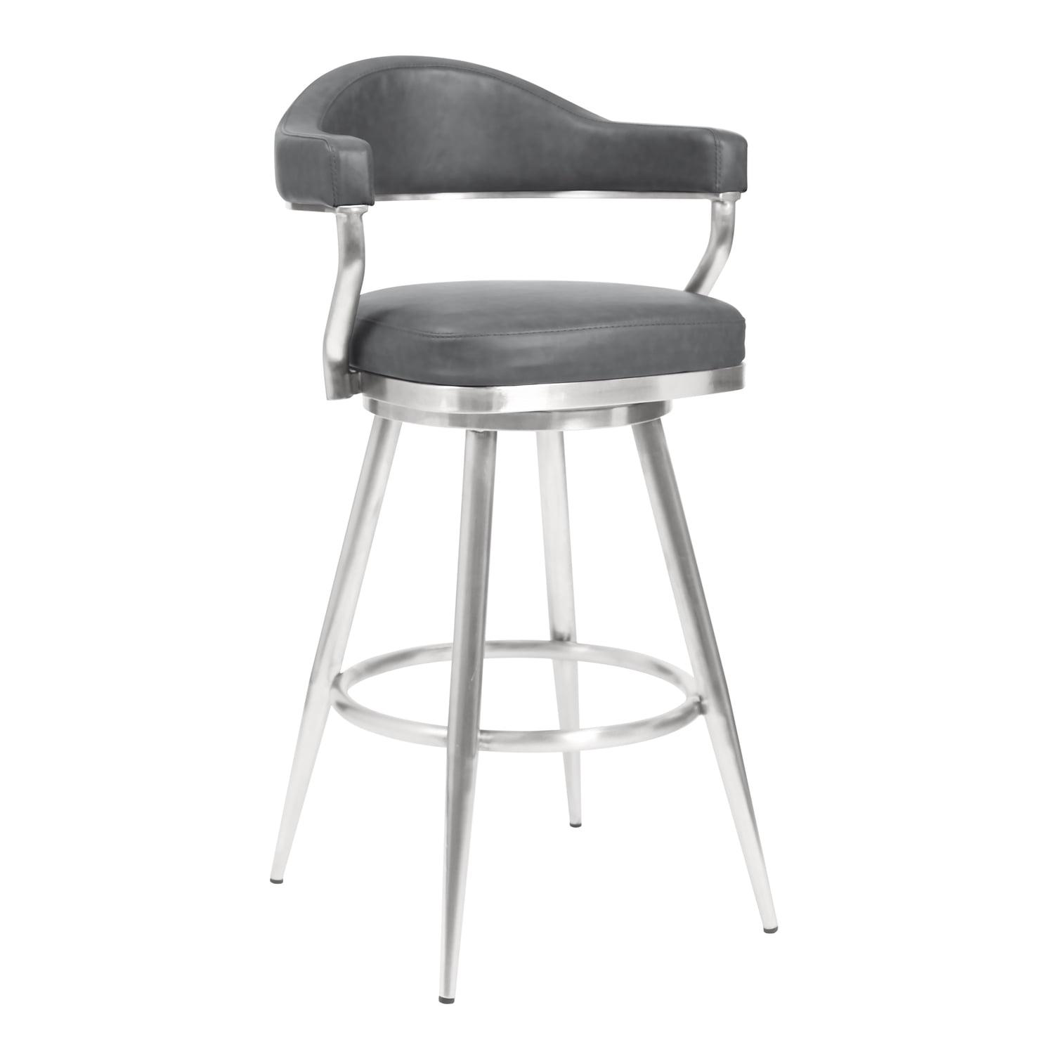 Homestock Baroque Bonanza 30" Bar Height Barstool in Brushed Stainless Steel and Gray Faux Leather