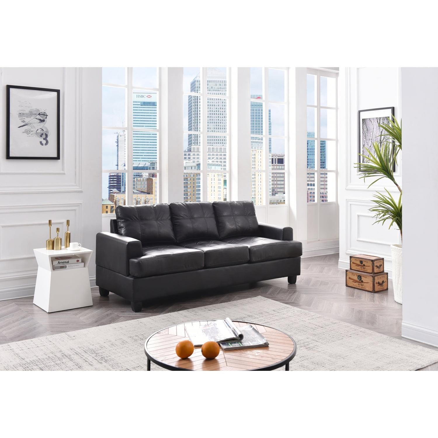 Black Tufted Faux Leather Three Piece Sofa with Wood Track Arm