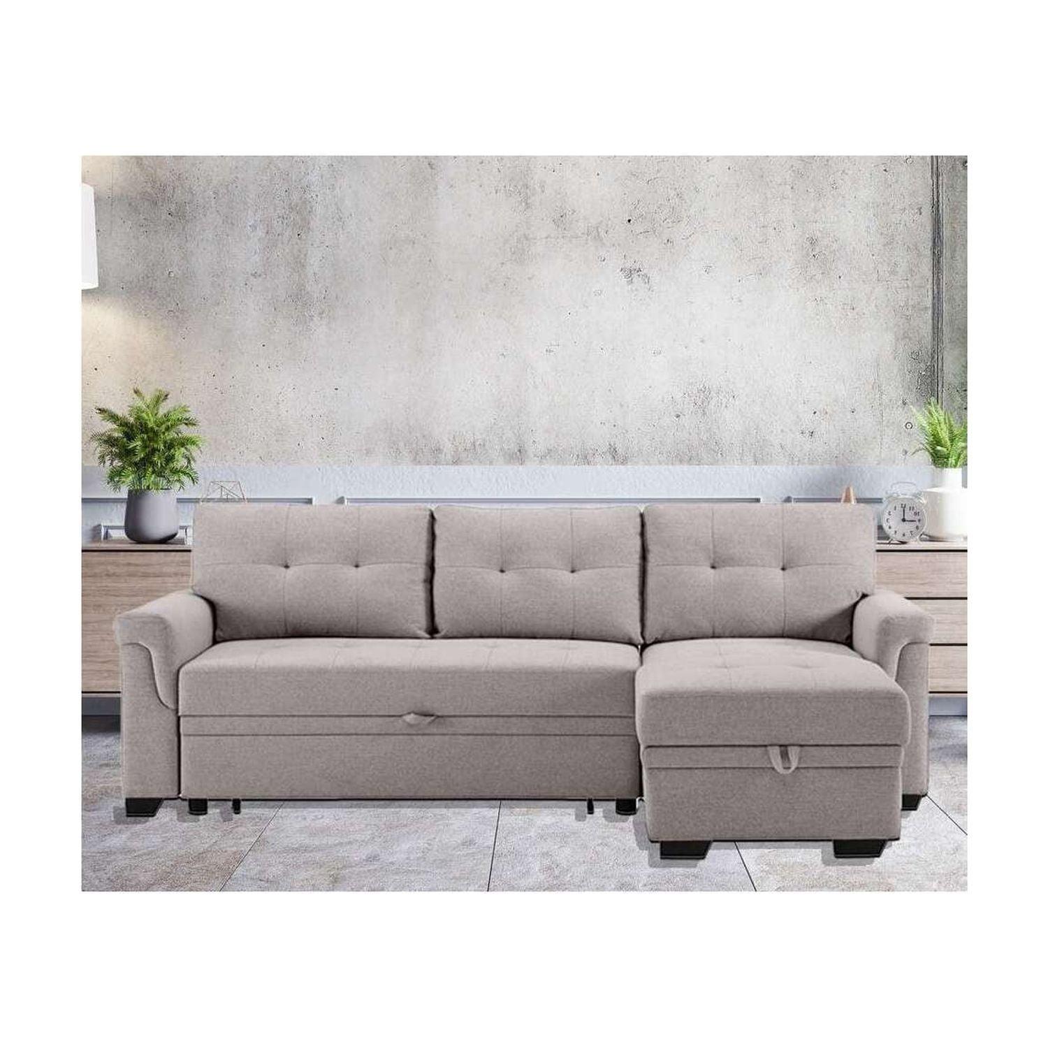 Lilola Home Hunter Light gray Linen Reversible Sleeper Sectional Sofa with Storage chaise