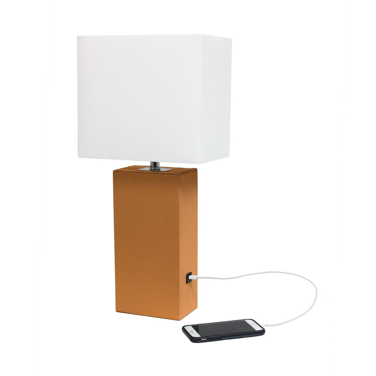 21" Lexington Leather Base Modern Home Decor Bedside Table Lamp with USB Charging Port and Fabric Shade Tan/White - Lalia Home: No Assembly
