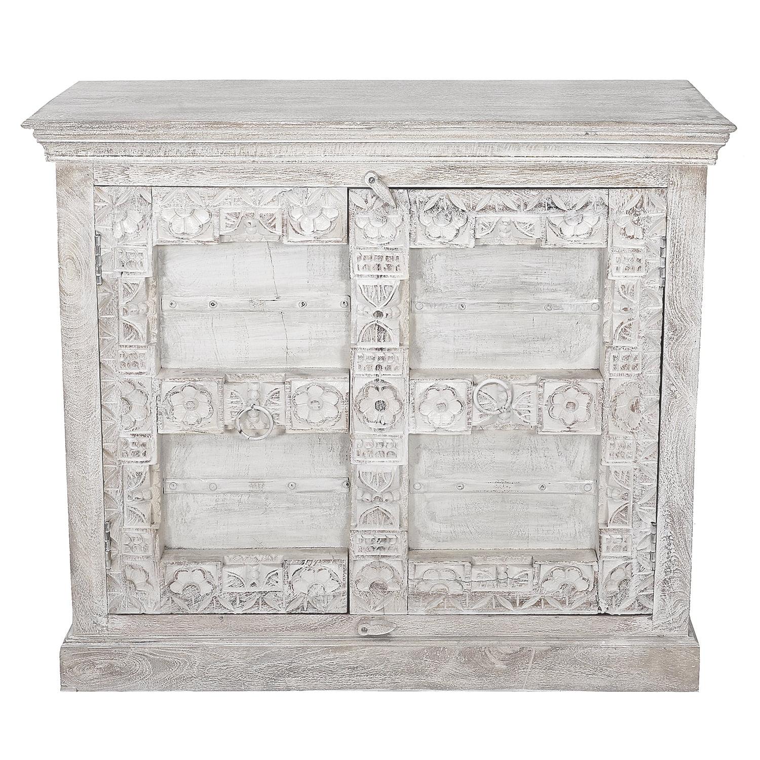 August Grove® White Solid Wood Hand Carved 2 Door Antique Cabinet
