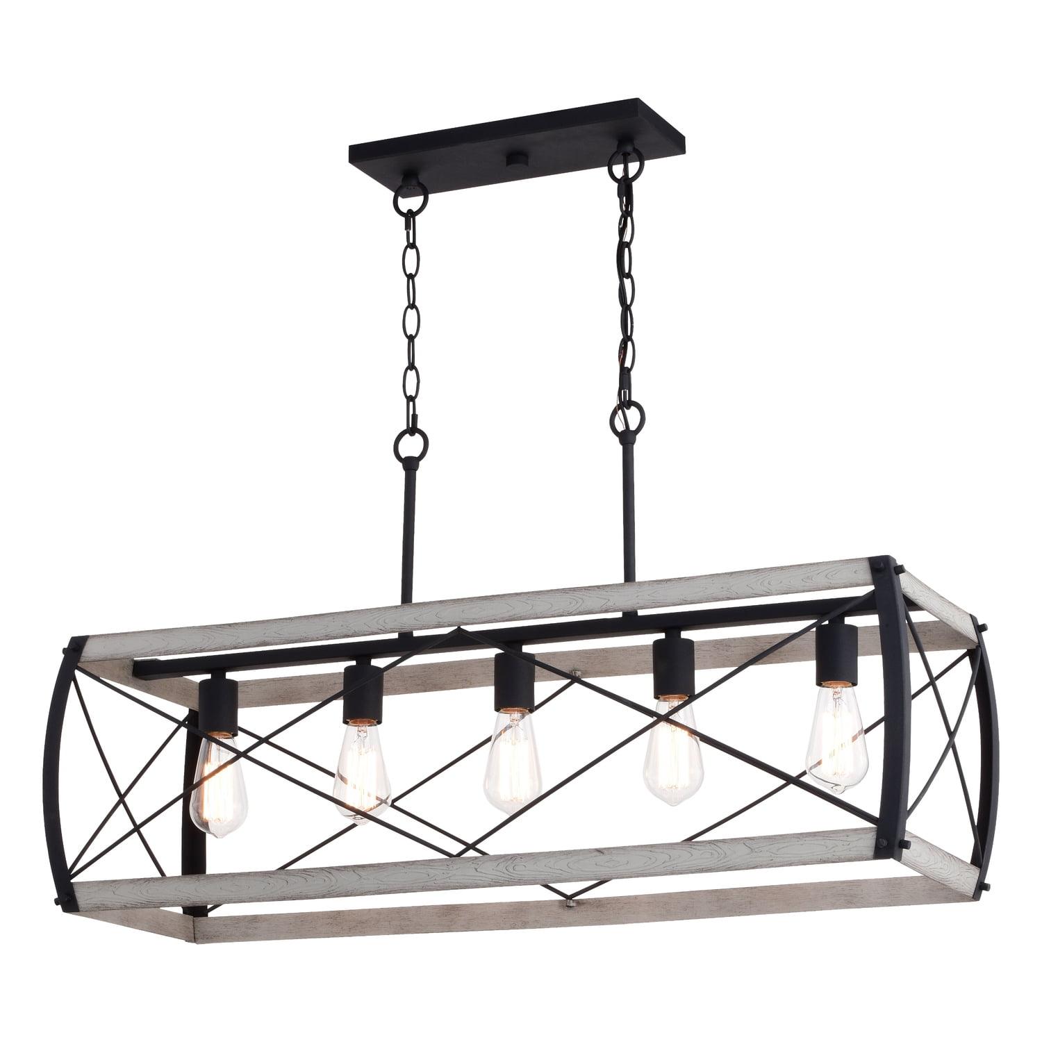 VAXCEL Montclare 5L Black and White Ash Wood Farmhouse Cage Linear Chandelier Island Pendant Light Fixture