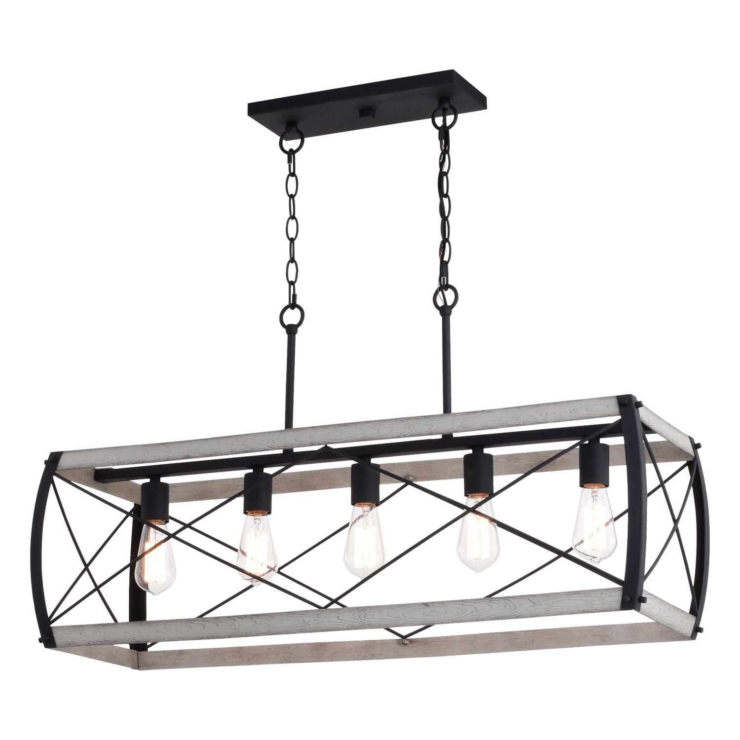 VAXCEL Montclare 5L Black and White Ash Wood Farmhouse Cage Linear Chandelier Island Pendant Light Fixture