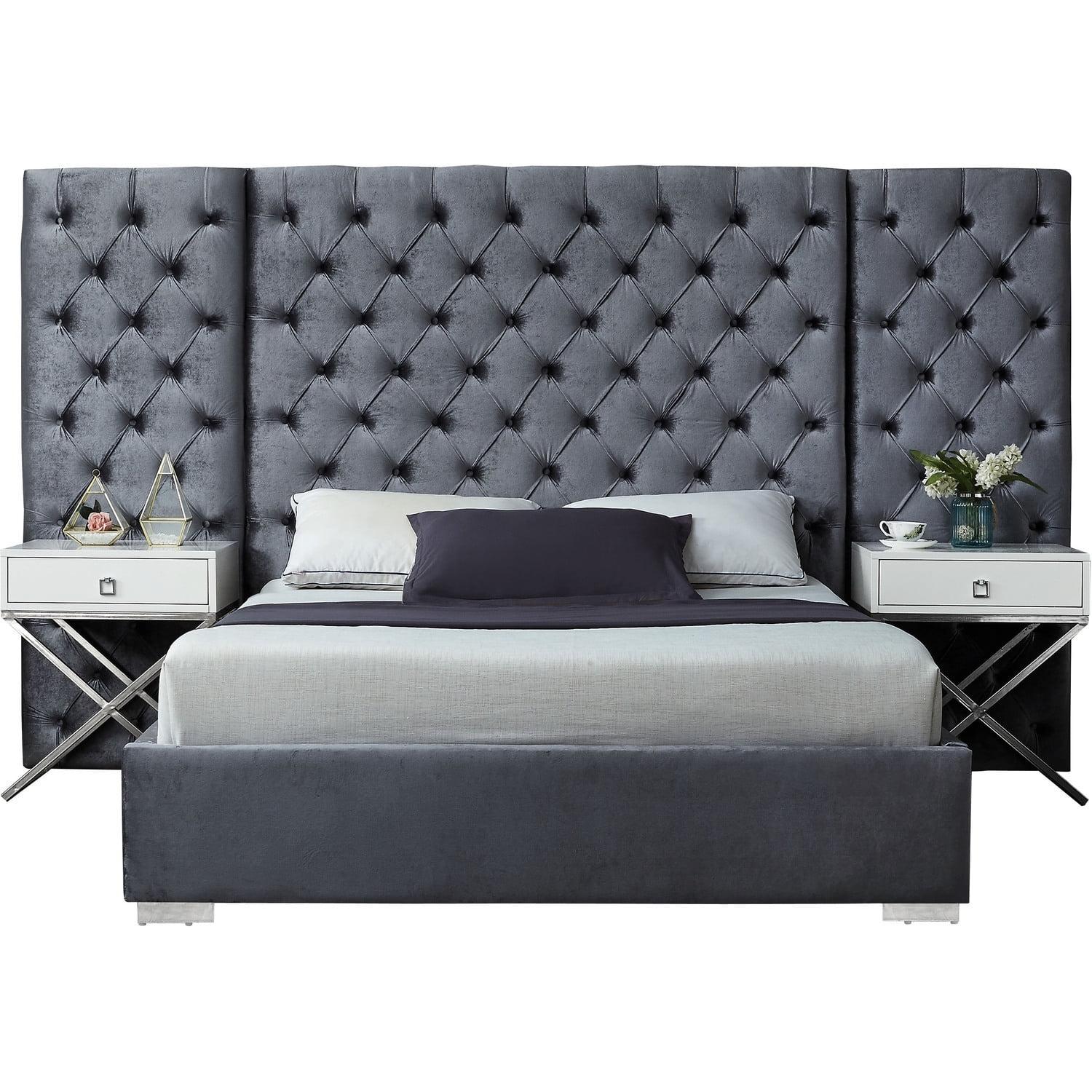 King Size Bed Grey Velvet Upholstered Platform Bed Frame Modern Bedroom Furniture