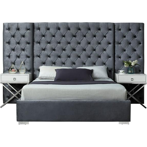 Meridian Furniture Grande Solid Wood and Velvet King Bed in Gray