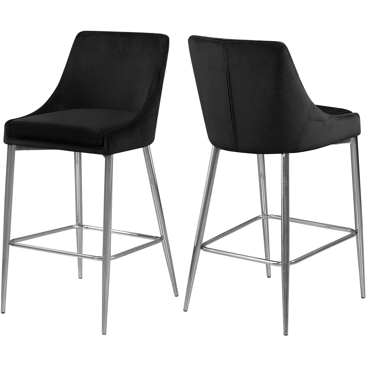 Black Velvet and Chrome Counter-Height Stools, Set of 2