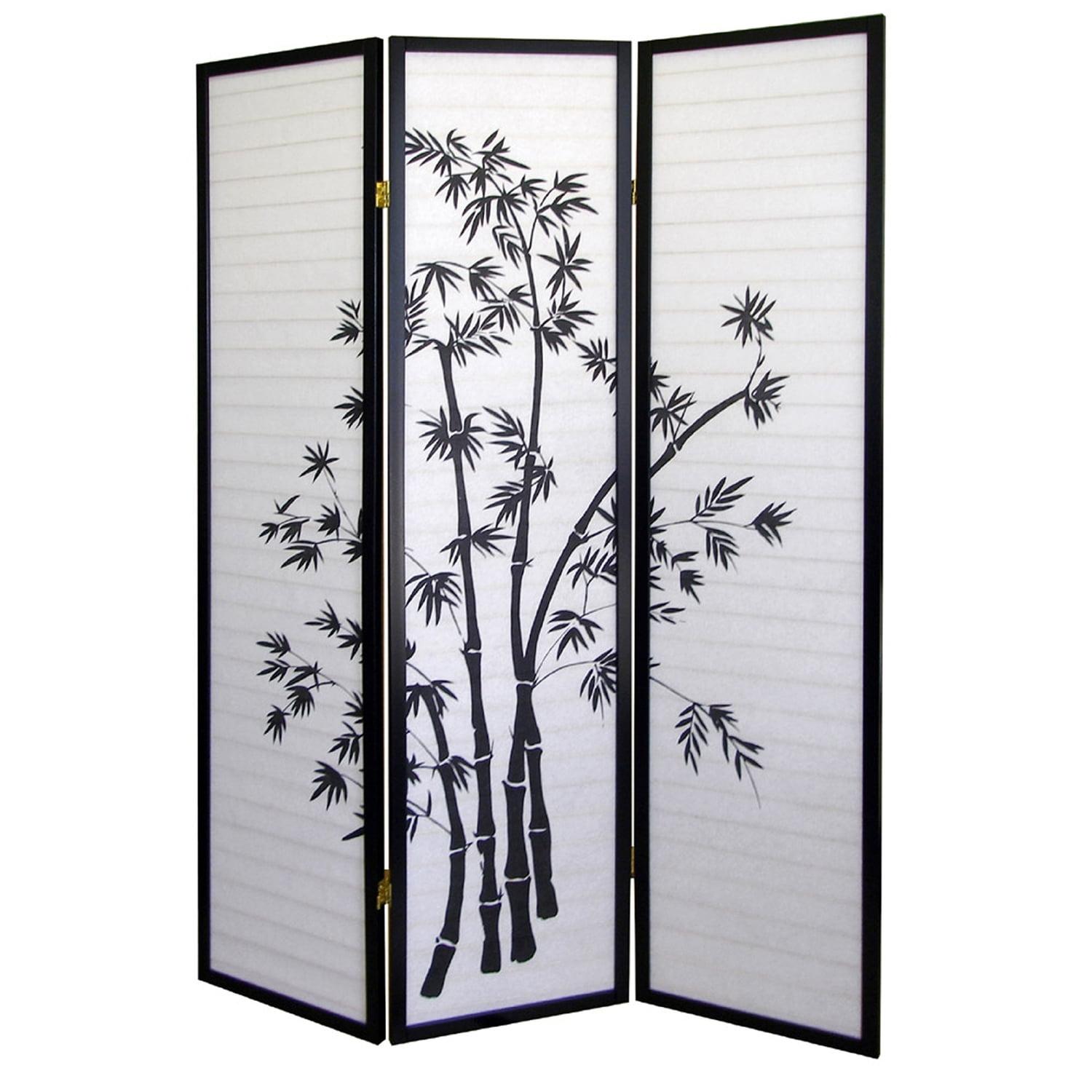 4 Panel Room Divider Bamboo - Ore International: Hardwood Spruce Frame, Botanical Floral Tree Design, No Assembly Required