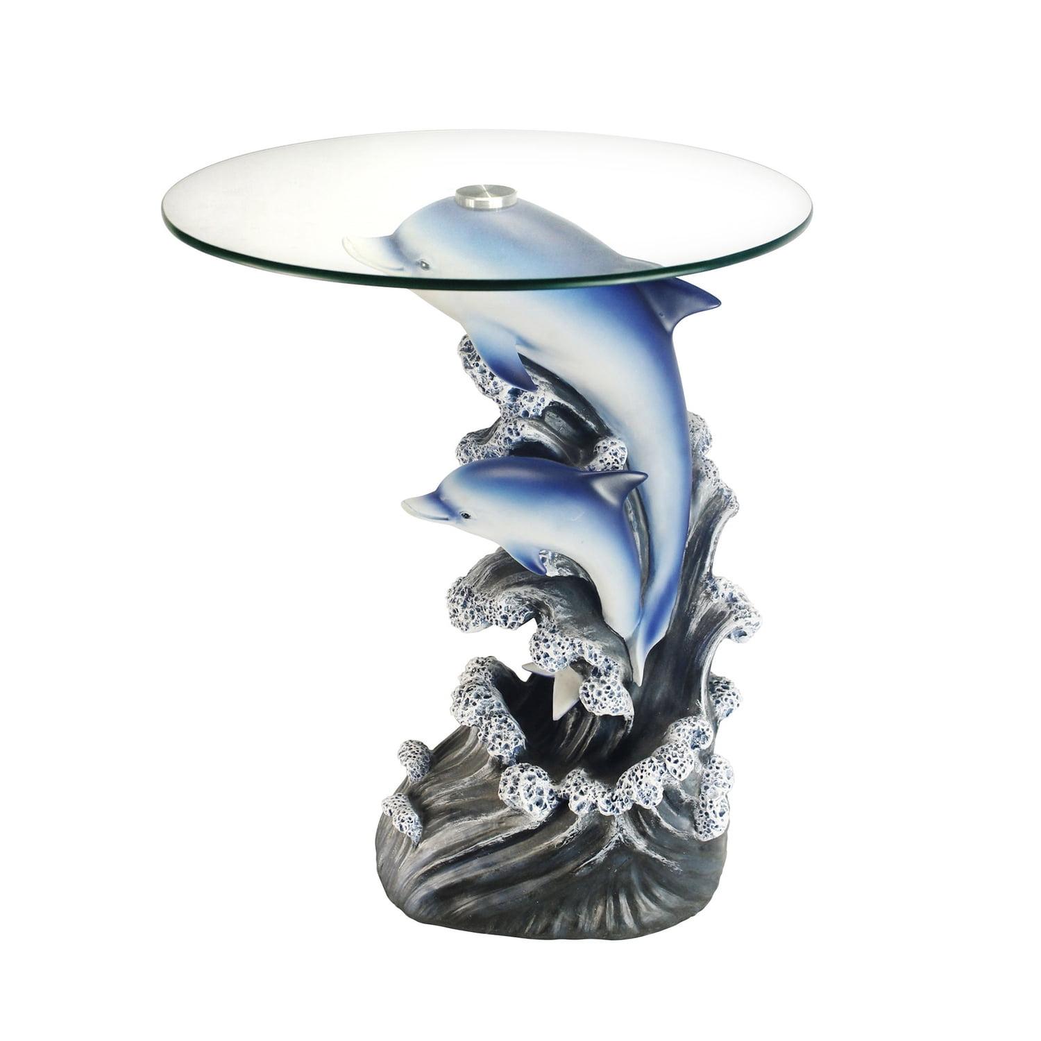 Oceanic Bliss 24" Round Glass Top Dolphin Sculpture End Table