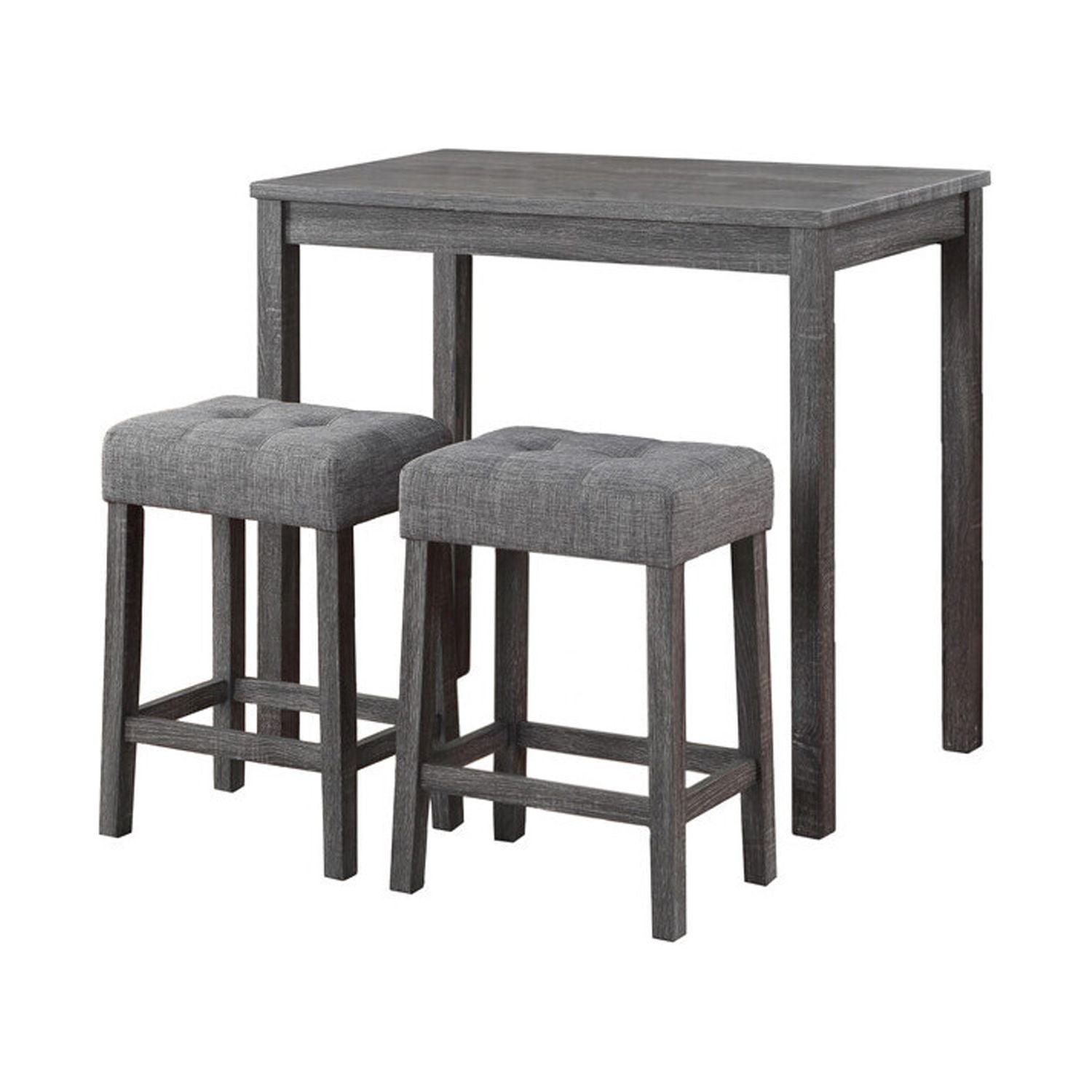 Gray Wood 3-Piece Counter Height Pub Table Set with Tufted Linen Stools